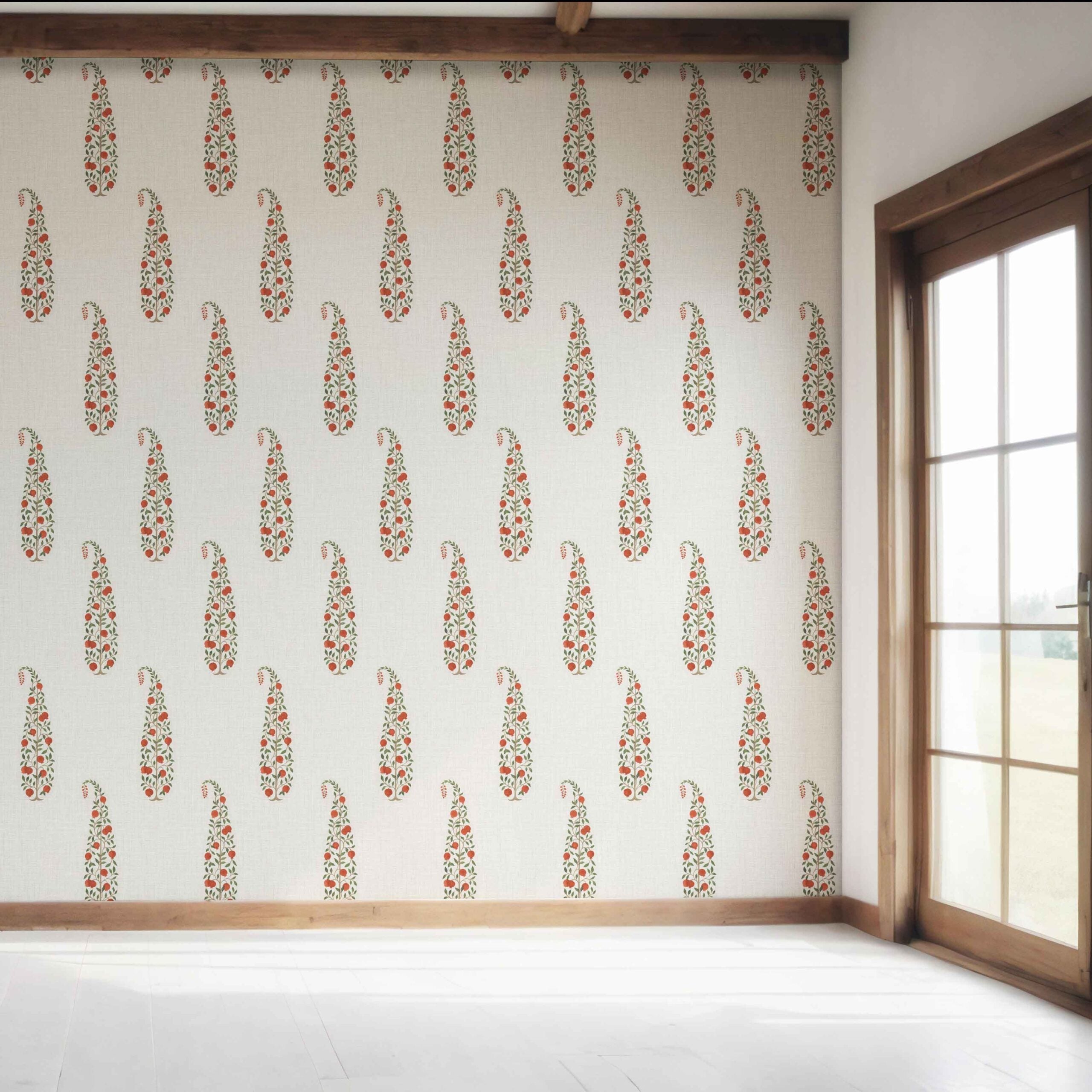 Ethnic/ Vintage-Inspired Floral Paisley Bedroom Wallpaper Sample (Red/ Green/ Off-White)