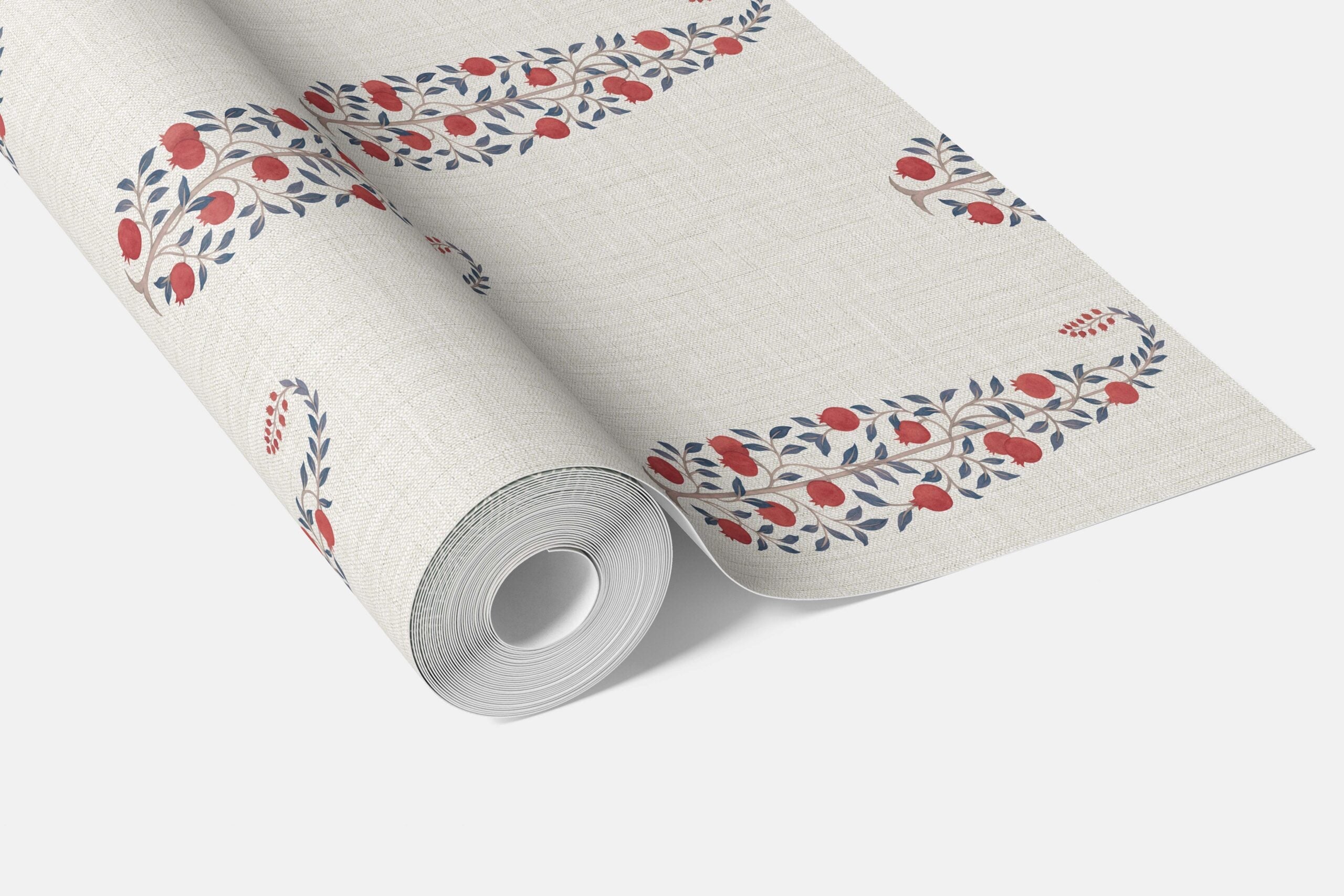 Ethnic/ Vintage-Inspired Floral Paisley Bathroom Wallpaper Sample (Red/ Navy Blue/ Off-White)
