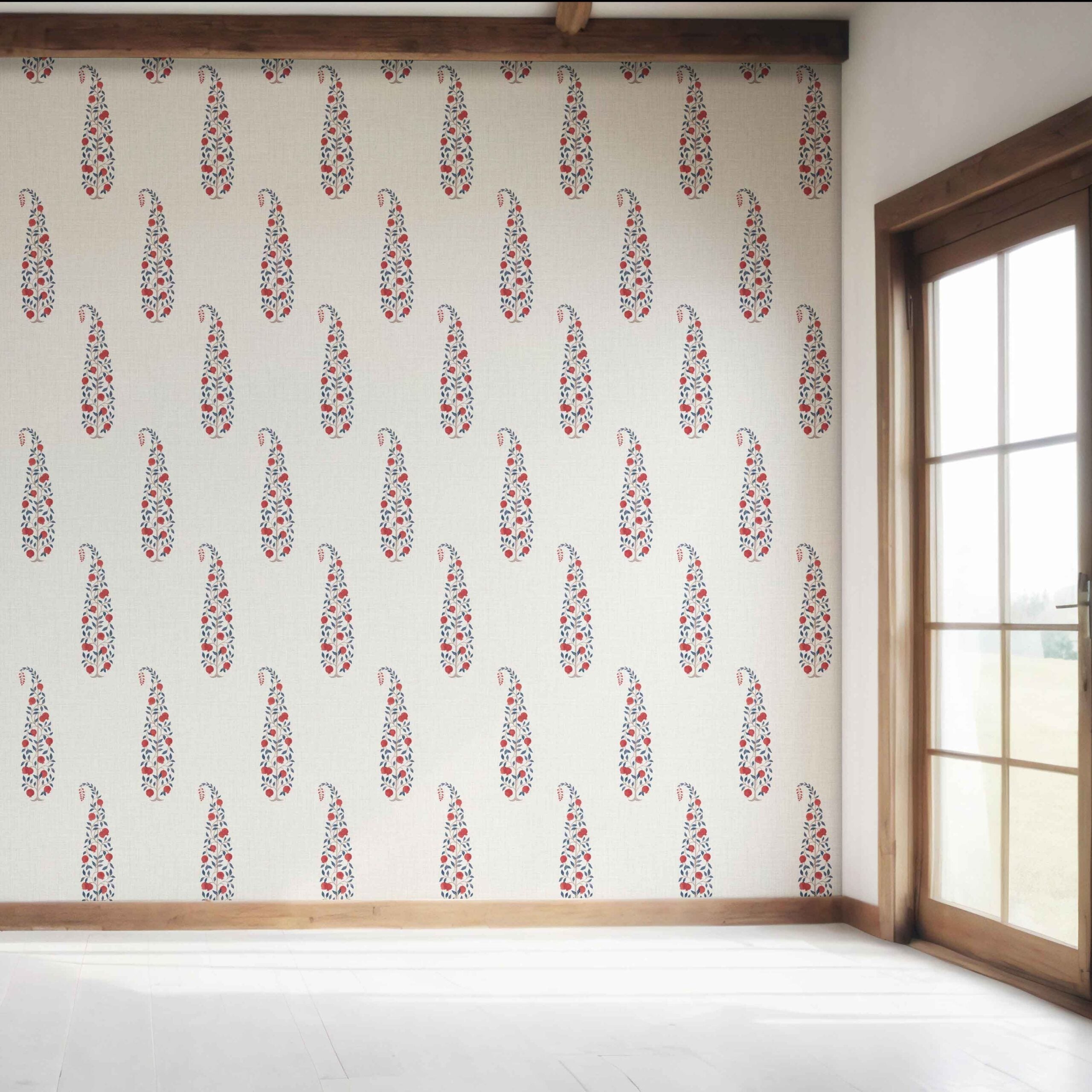 Ethnic/ Vintage-Inspired Floral Paisley Bedroom Wallpaper Sample (Red/ Navy Blue/ Off-White)