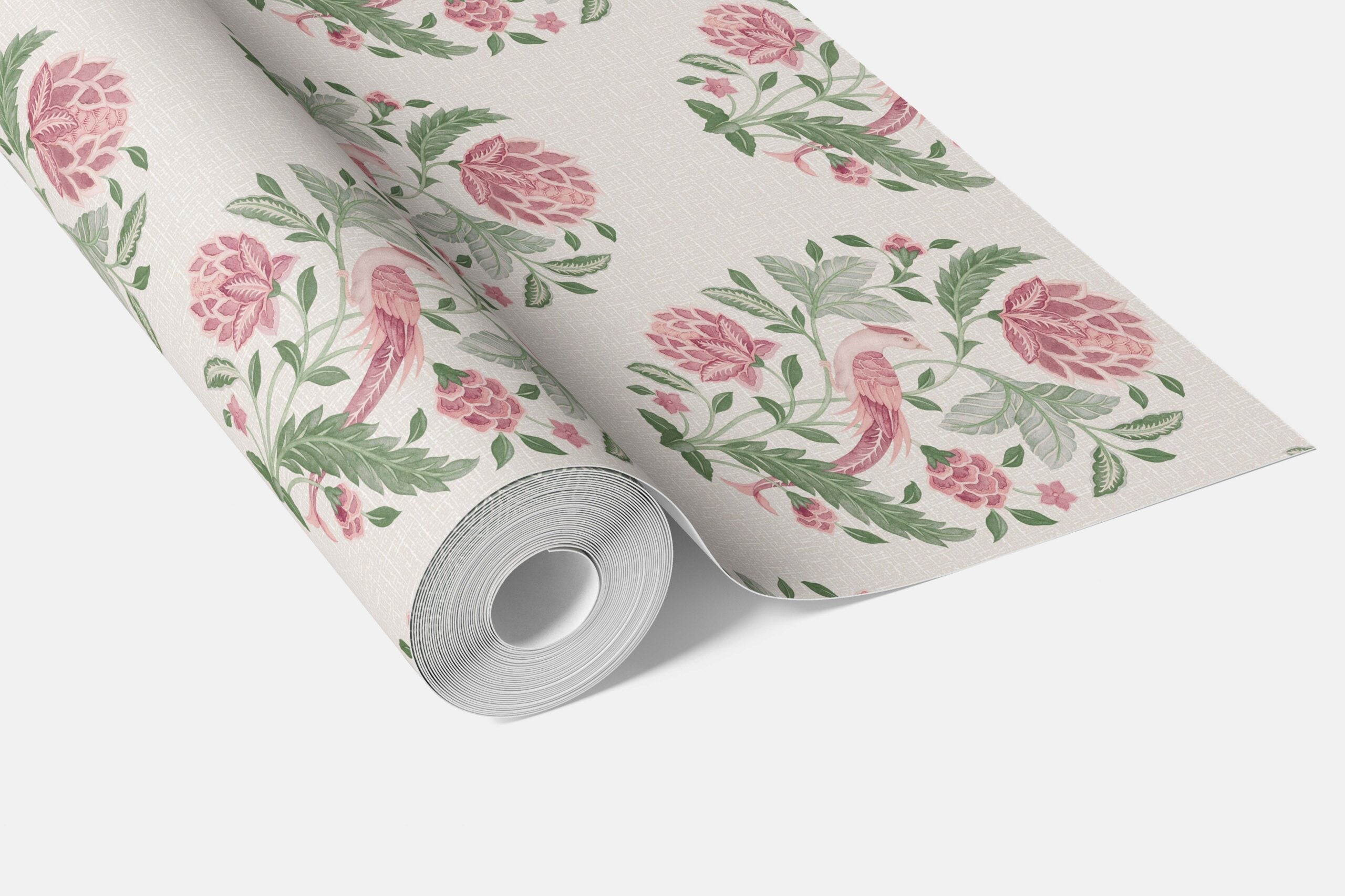 Birds/ Floral Block Print Bathroom Wallpaper Sample (Pink/ Green)