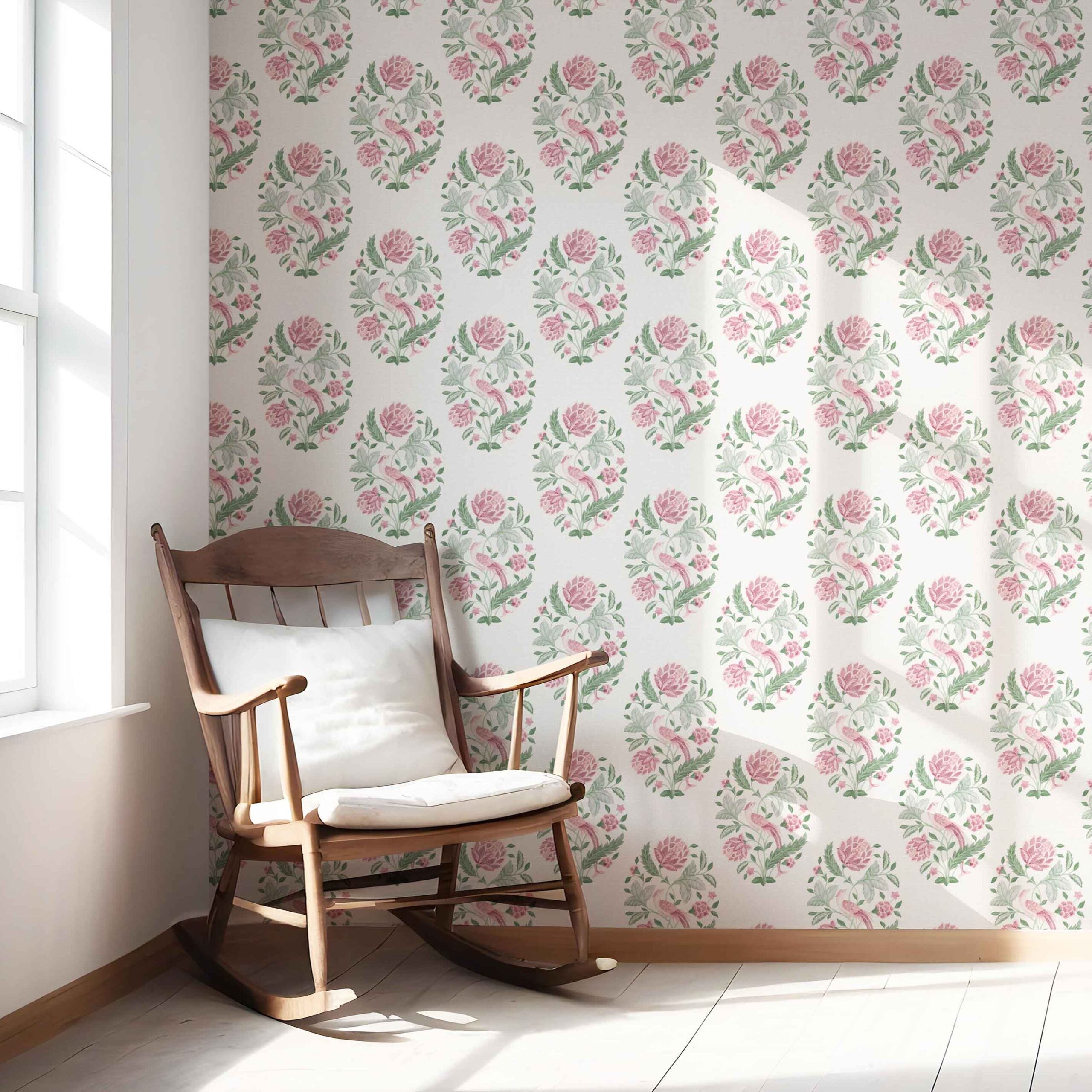Birds/ Floral Block Print Nursery Wallpaper Sample (Pink/ Green)