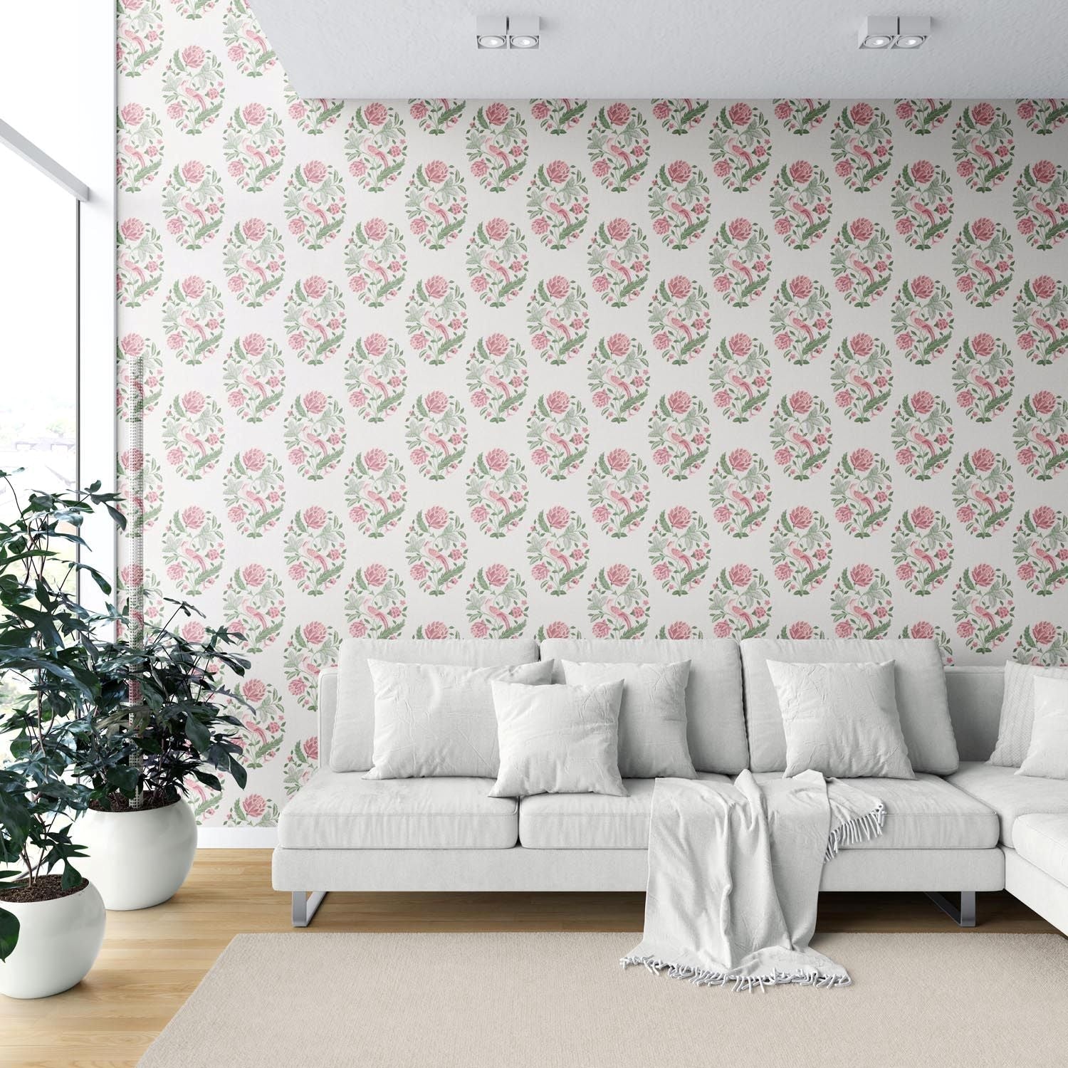 Birds/ Floral Block Print Shower Toilet Wallpaper Sample (Pink/ Green)