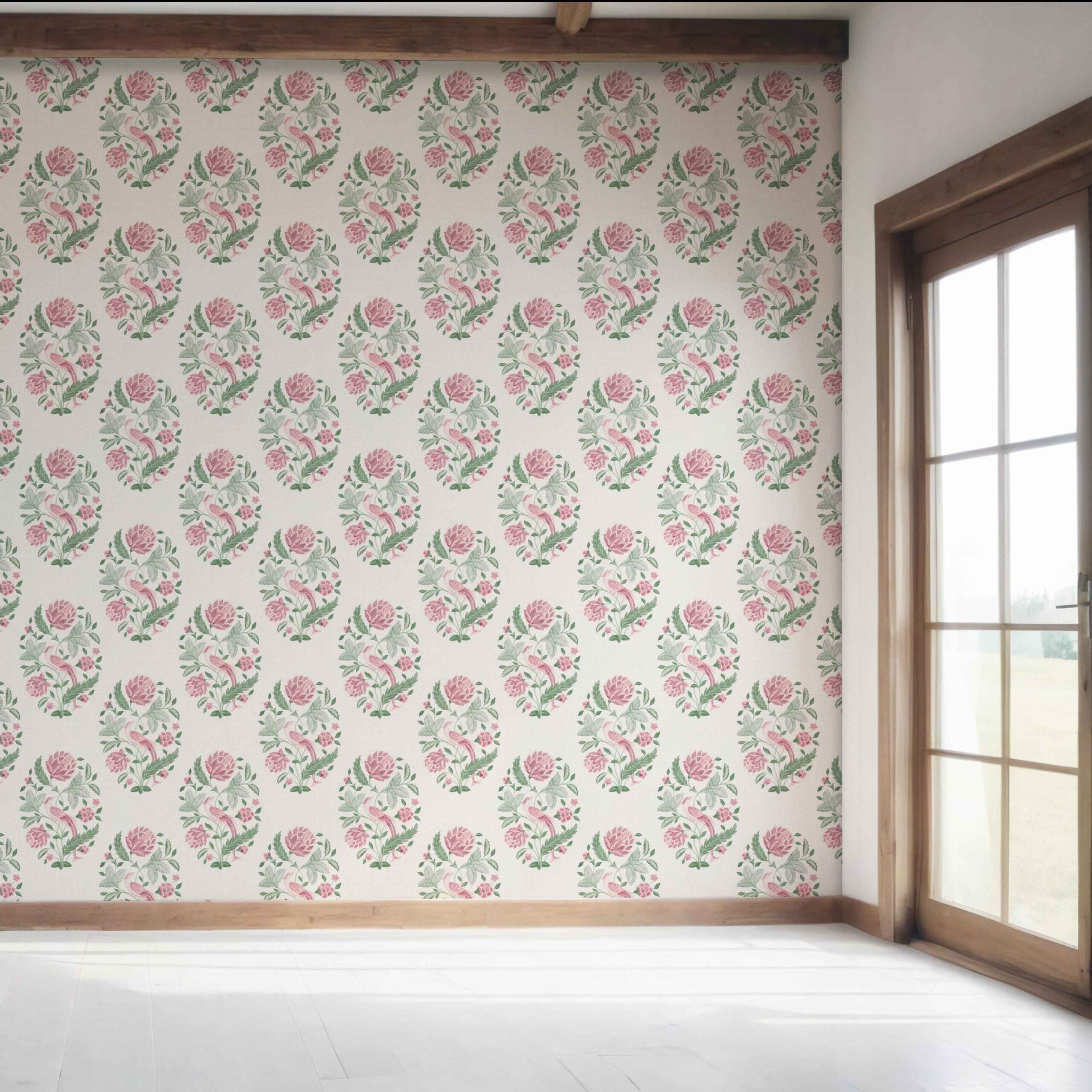 Birds/ Floral Block Print Bedroom Wallpaper Sample (Pink/ Green)