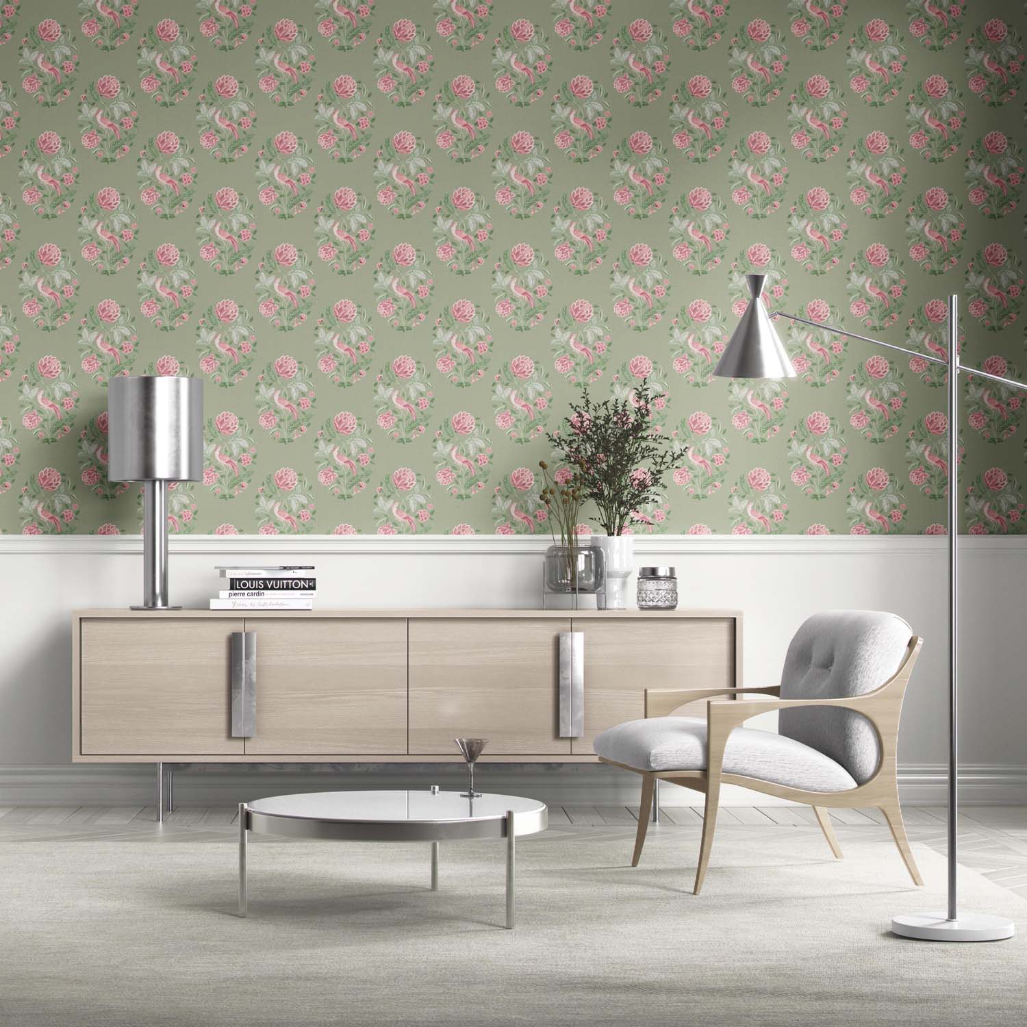 Birds/ Floral Block Print Kitchen Wallpaper Sample (Sage Green/ Pink)