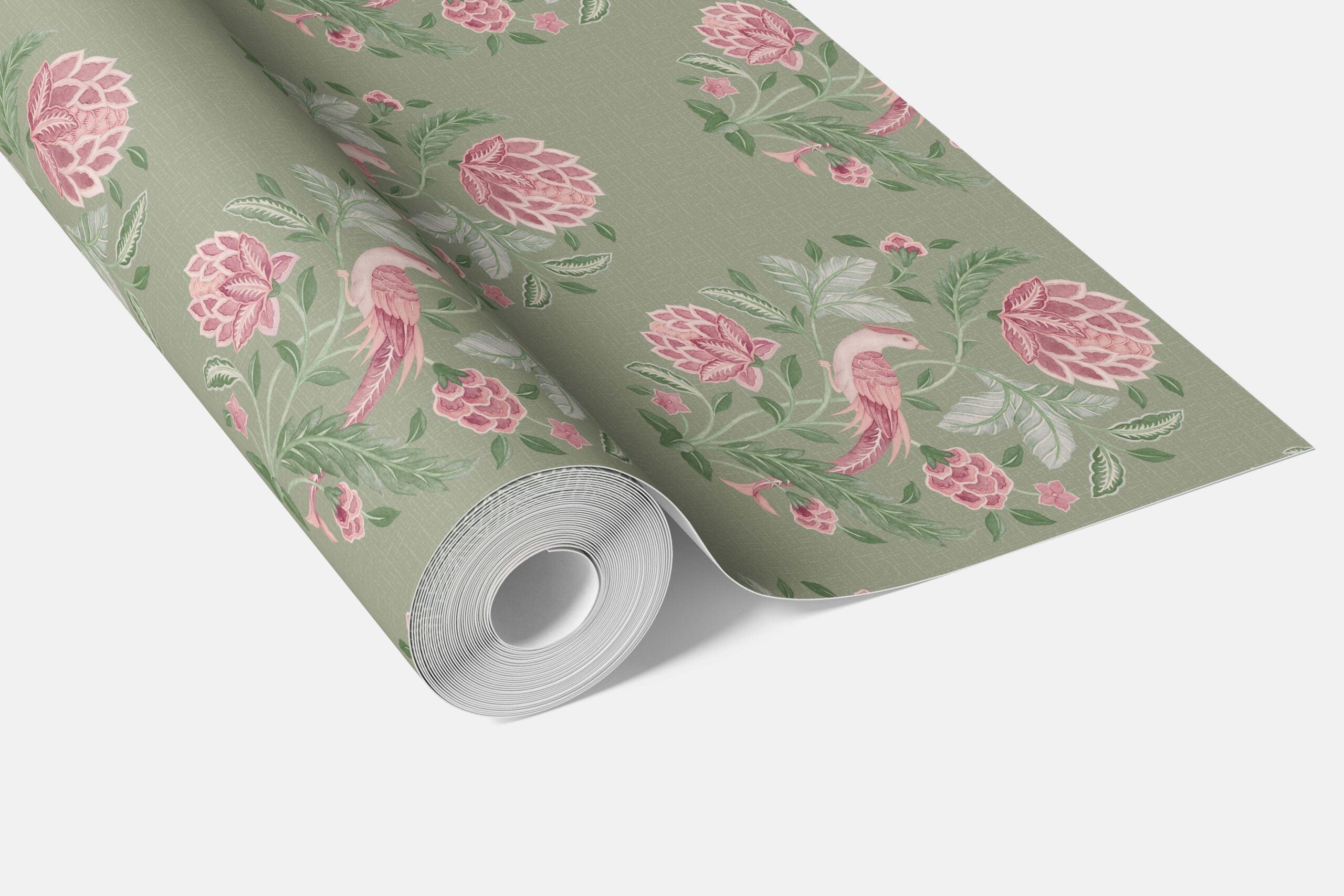Birds/ Floral Block Print Bathroom Wallpaper Sample (Sage Green/ Pink)