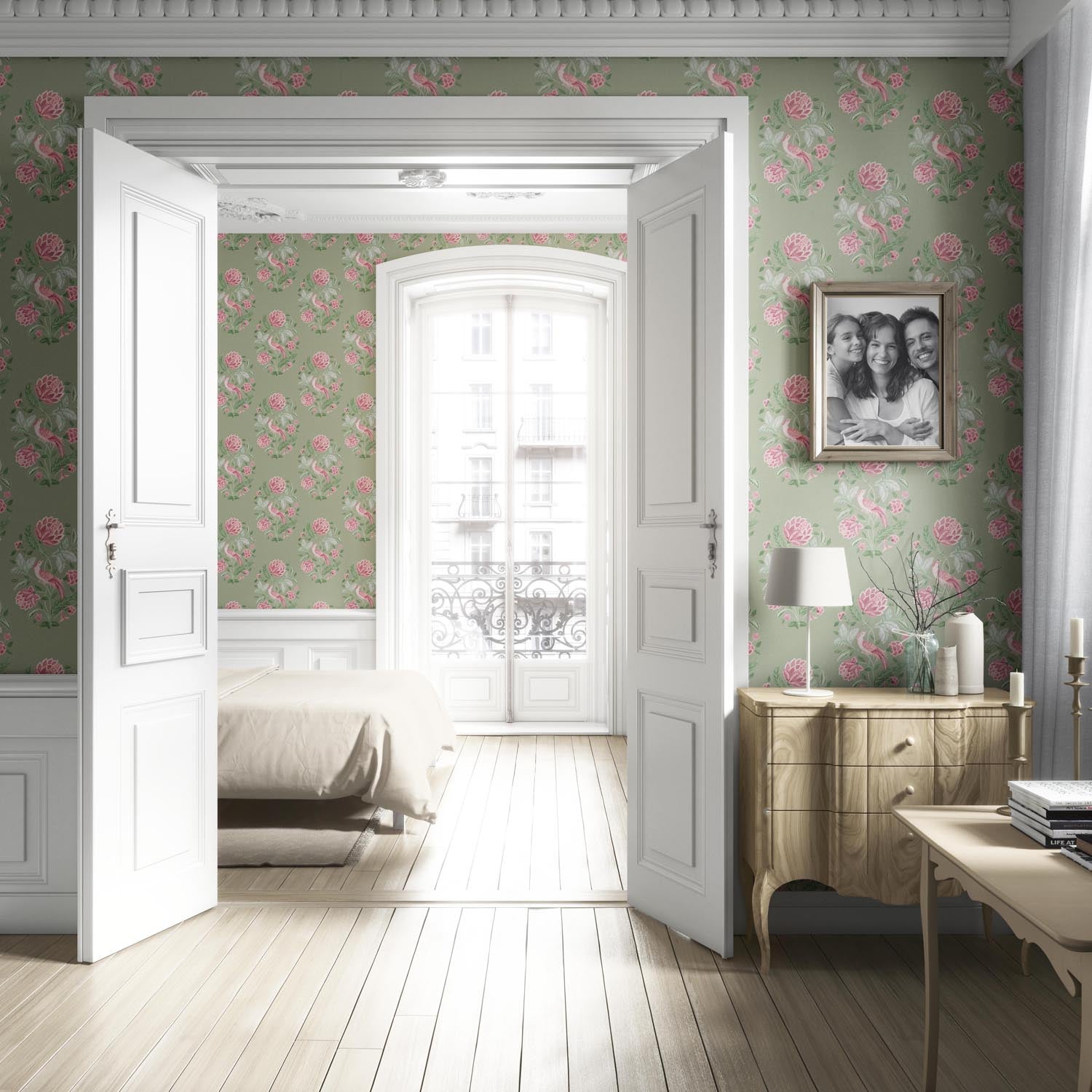 Birds/ Floral Block Print Living Room Wallpaper Sample (Sage Green/ Pink)
