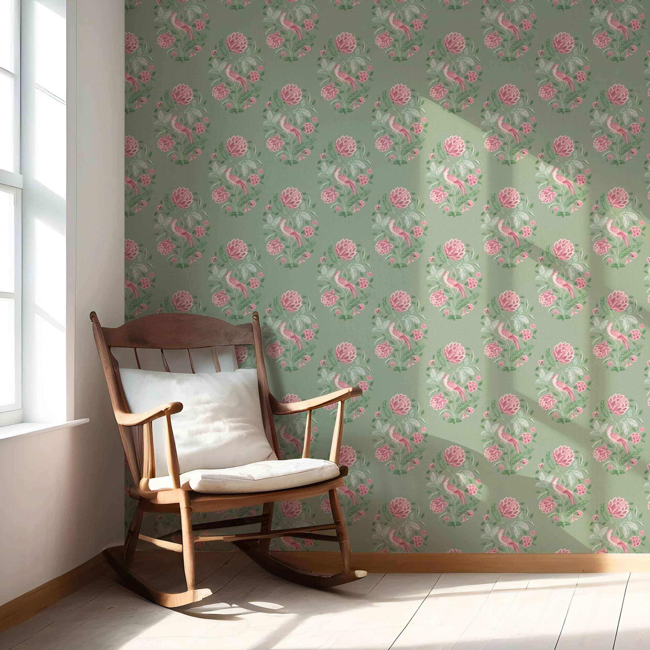 Birds/ Floral Block Print Nursery Wallpaper Sample (Sage Green/ Pink)