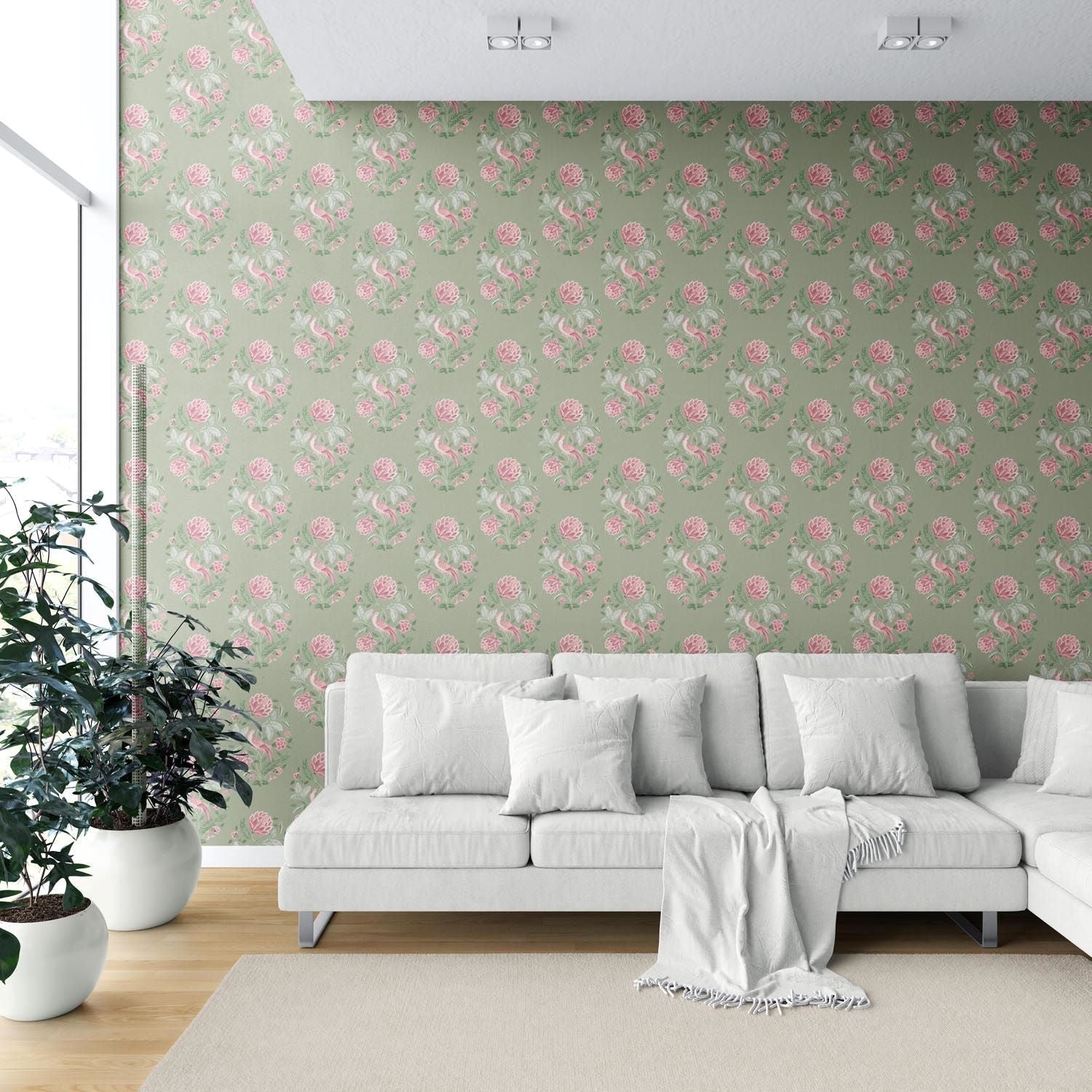 Birds/ Floral Block Print Shower Toilet Wallpaper Sample (Sage Green/ Pink)