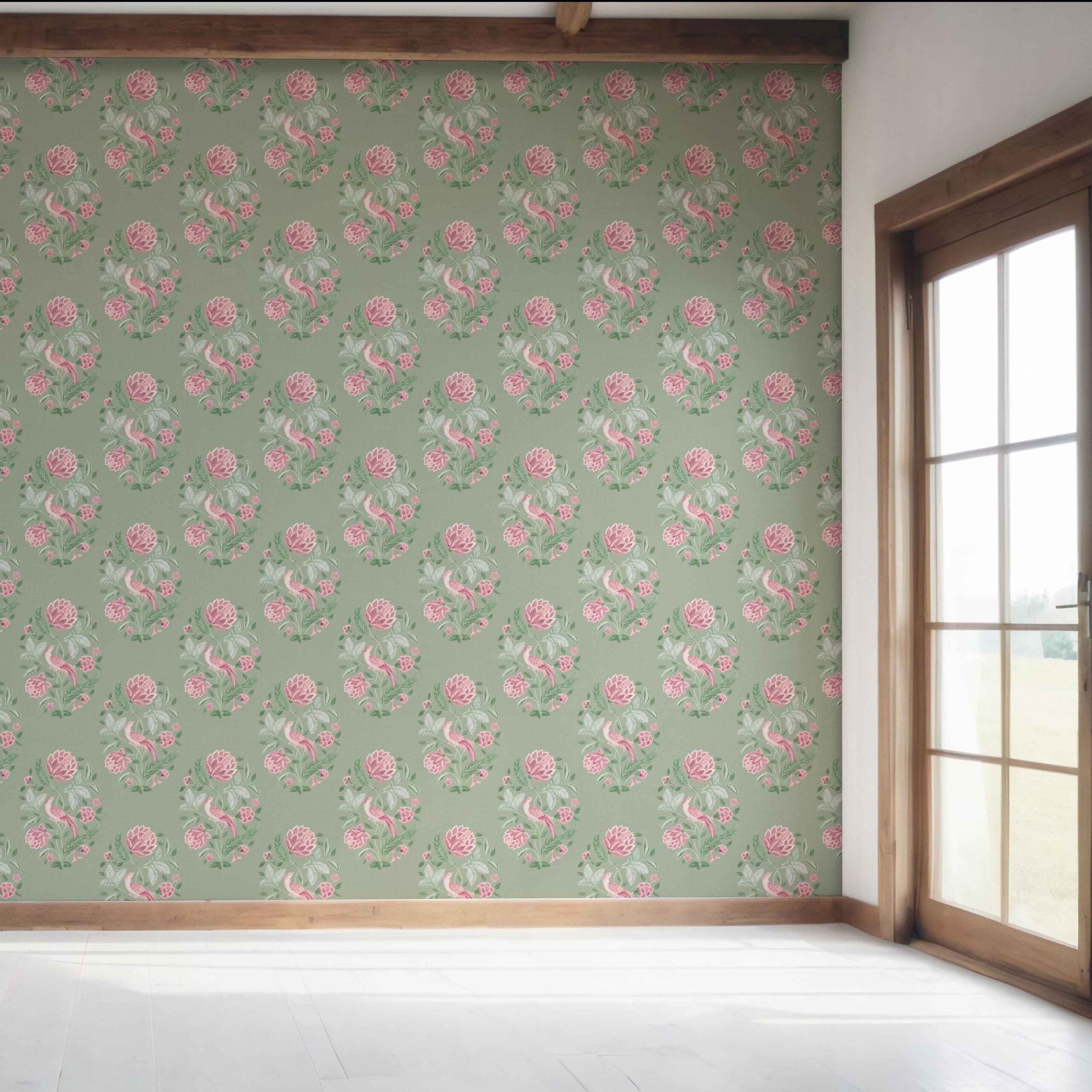 Birds/ Floral Block Print Bedroom Wallpaper Sample (Sage Green/ Pink)