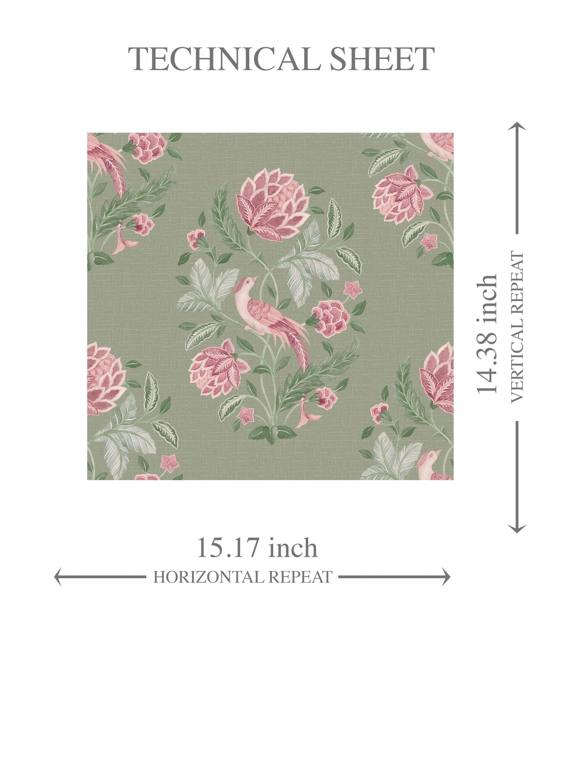 Birds/ Floral Block Print Kids Room Wallpaper Sample (Sage Green/ Pink)
