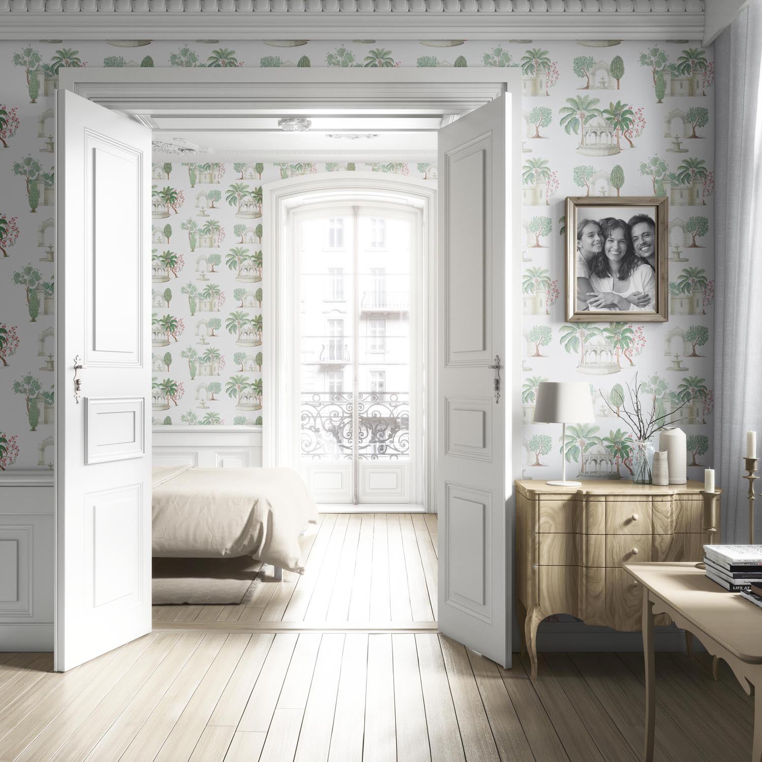 Floral Botanical Patterned Living Room Wallpaper Sample (Pink/ Red/ Green/ White)