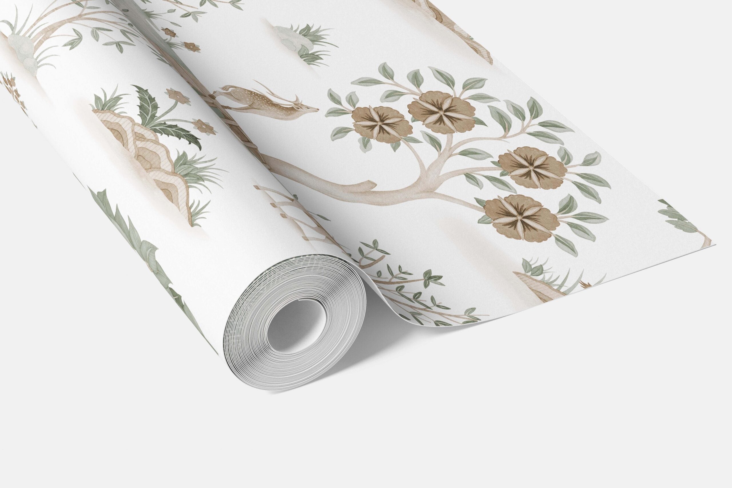 Modern Floral Botanical/ Nature Print Bathroom Wallpaper Sample (White/ Beige/ Green/ Brown/ Gray)