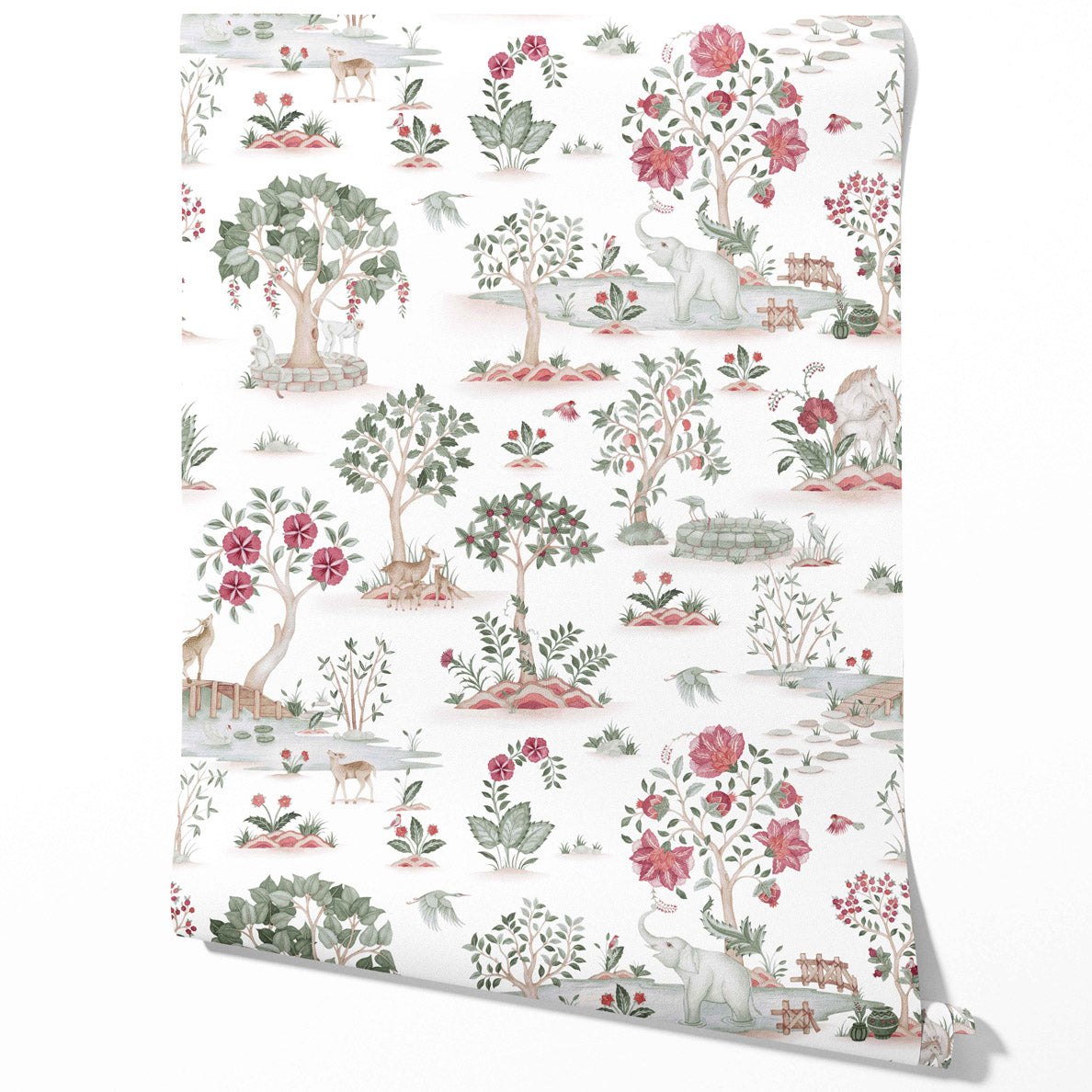 Modern Floral Botanical/ Nature Print Traditional Wallpaper Sample (White/ Pink/ Red/ Green/ Gray)