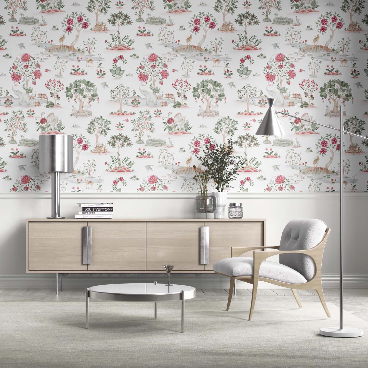 Modern Floral Botanical/ Nature Print Kitchen Wallpaper Sample (White/ Pink/ Red/ Green/ Gray)