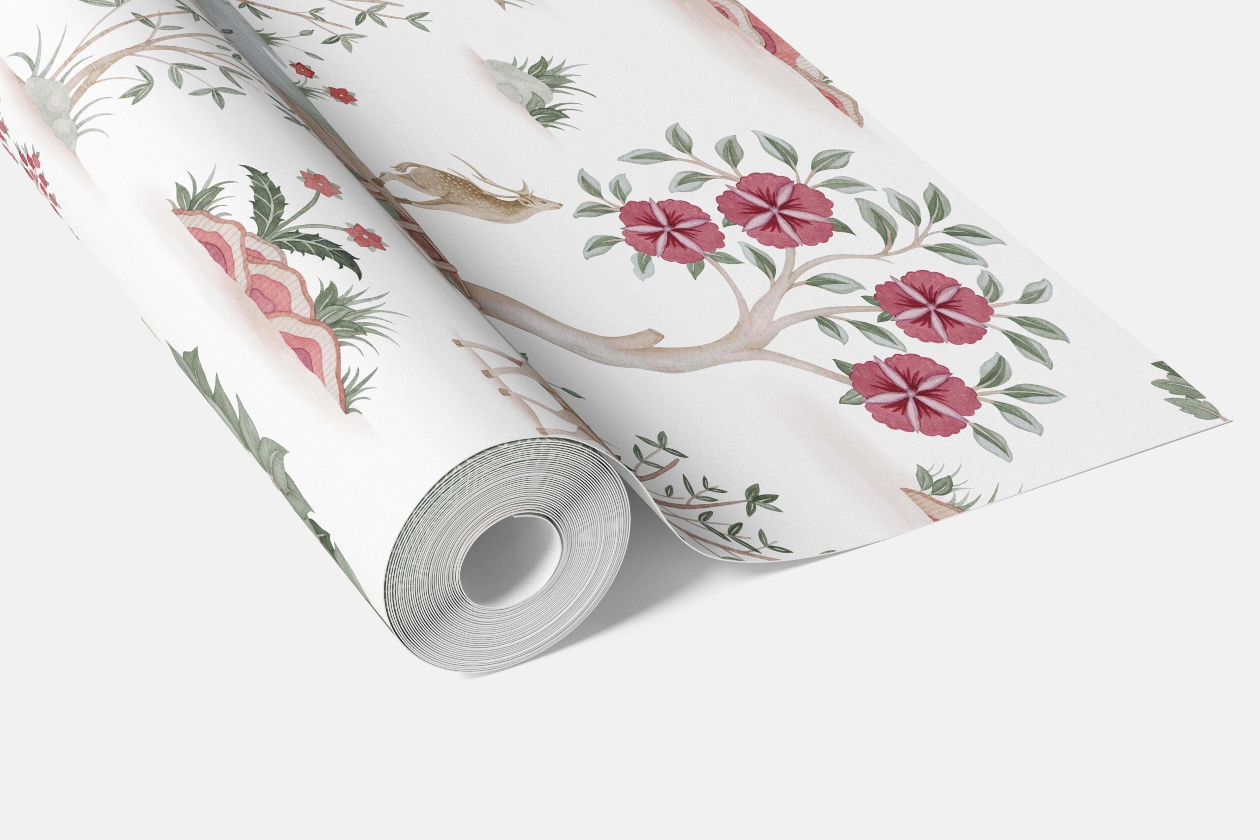 Modern Floral Botanical/ Nature Print Bathroom Wallpaper Sample (White/ Pink/ Red/ Green/ Gray)