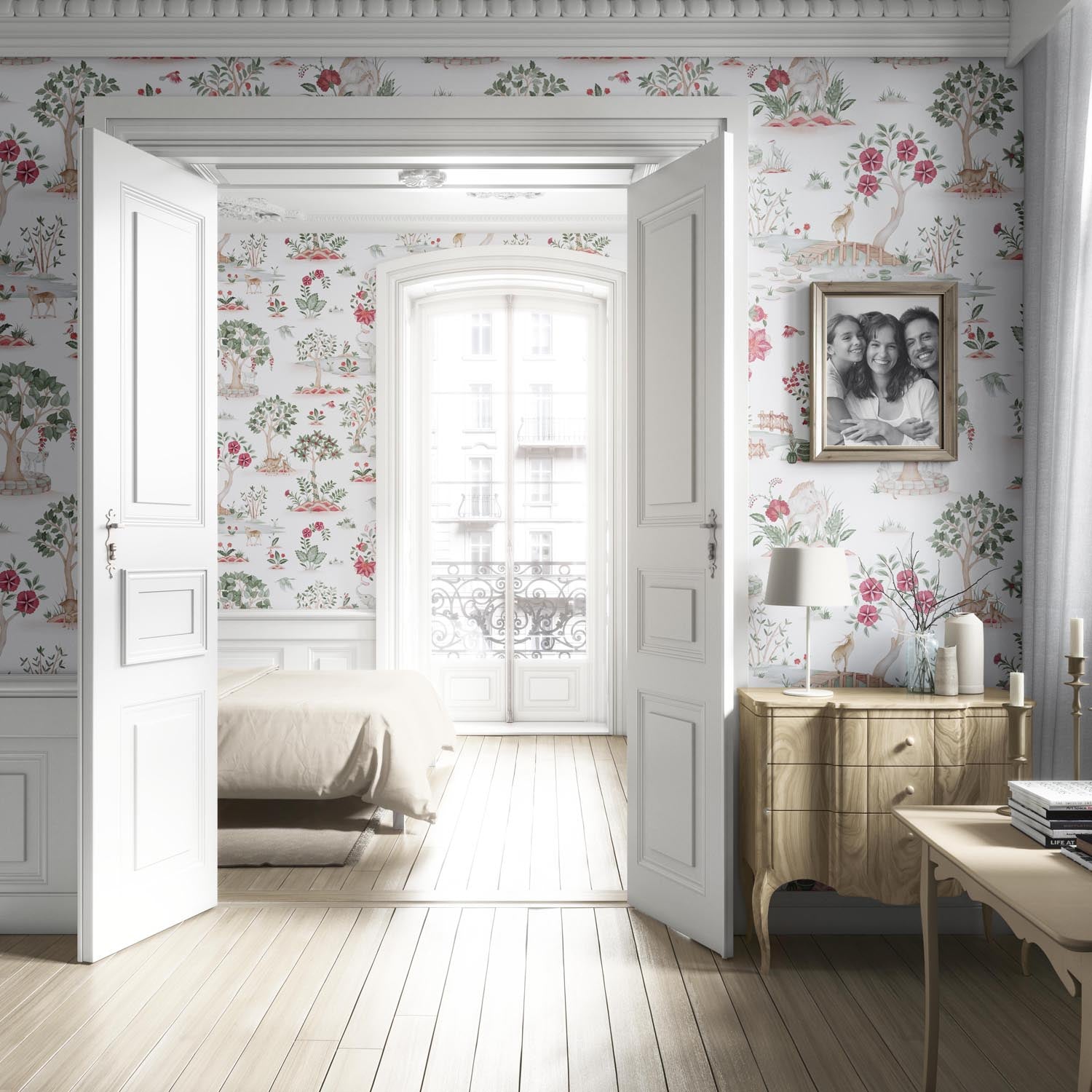 Modern Floral Botanical/ Nature Print Living Room Wallpaper Sample (White/ Pink/ Red/ Green/ Gray)