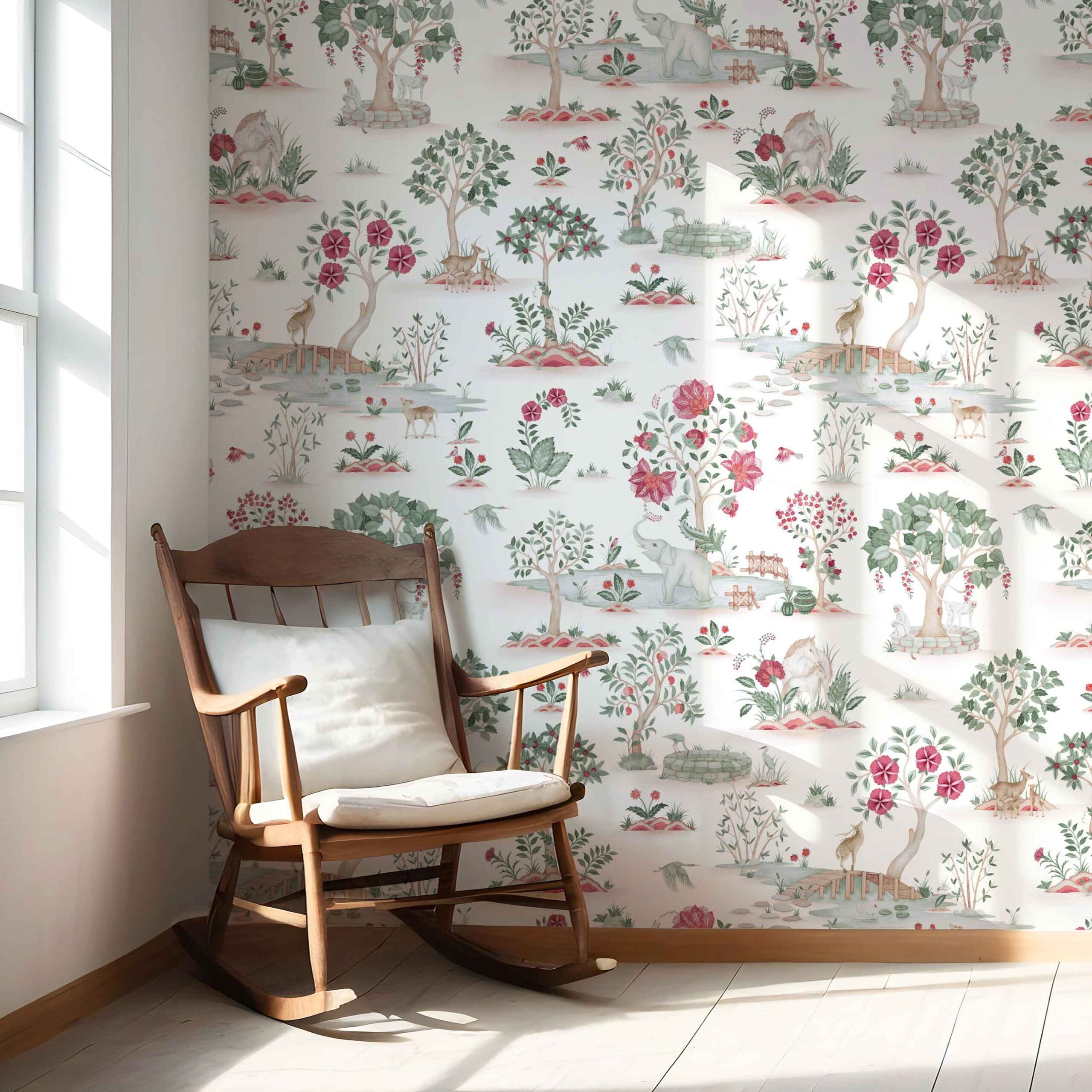Modern Floral Botanical/ Nature Print Nursery Wallpaper Sample (White/ Pink/ Red/ Green/ Gray)