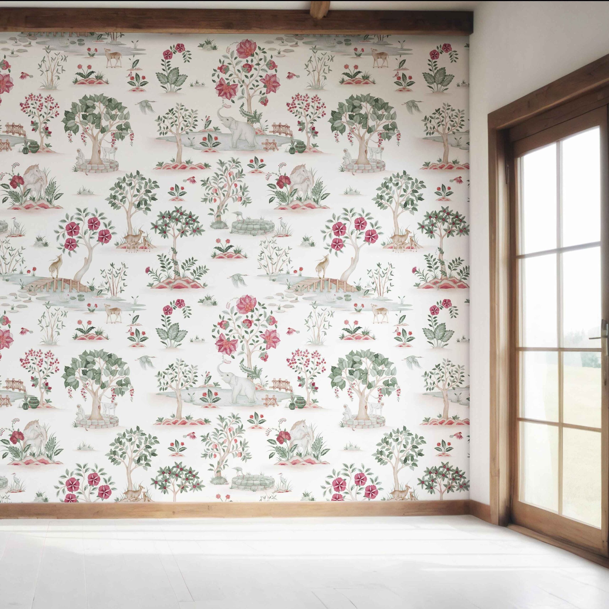 Modern Floral Botanical/ Nature Print Bedroom Wallpaper Sample (White/ Pink/ Red/ Green/ Gray)