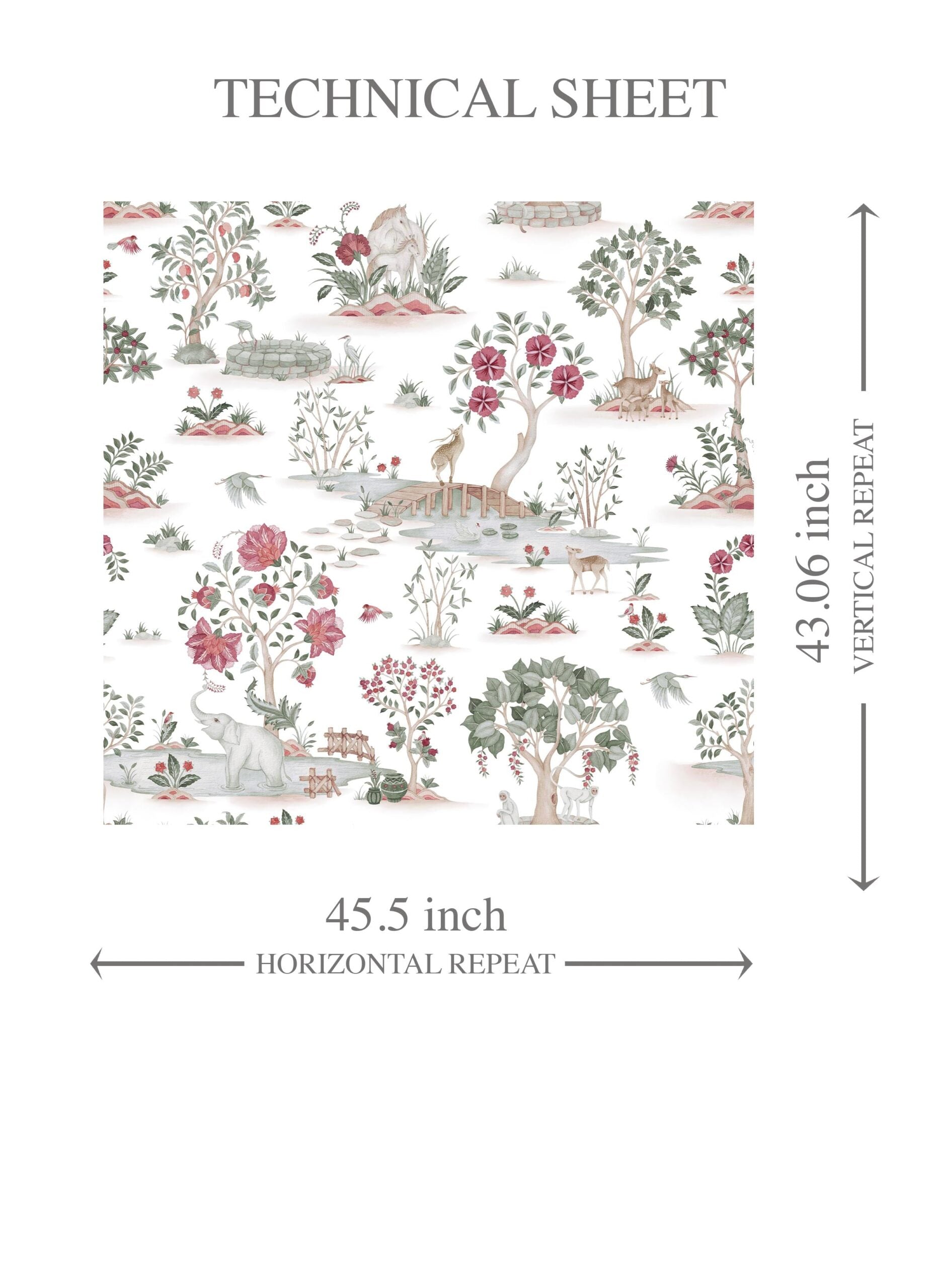 Modern Floral Botanical/ Nature Print Kids Room Wallpaper Sample (White/ Pink/ Red/ Green/ Gray)