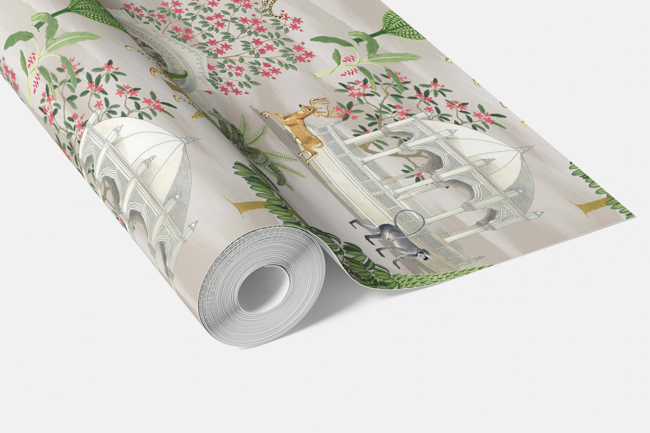 Vintage Heritage/ Ethnic Chinoiserie Bathroom Wallpaper Sample (White/ Green/ Pink/ Tan/ Red)
