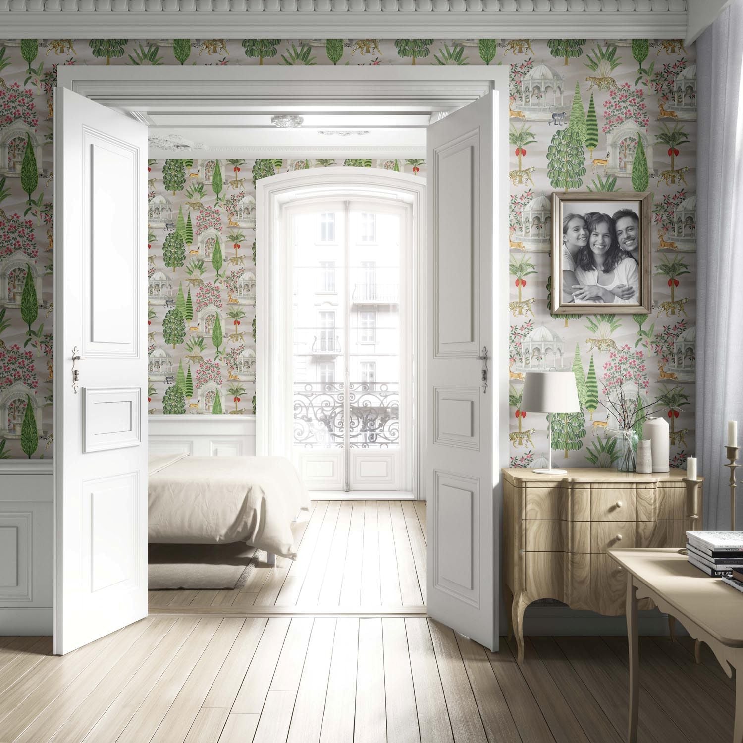 Vintage Heritage/ Ethnic Chinoiserie Living Room Wallpaper Sample (White/ Green/ Pink/ Tan/ Red)