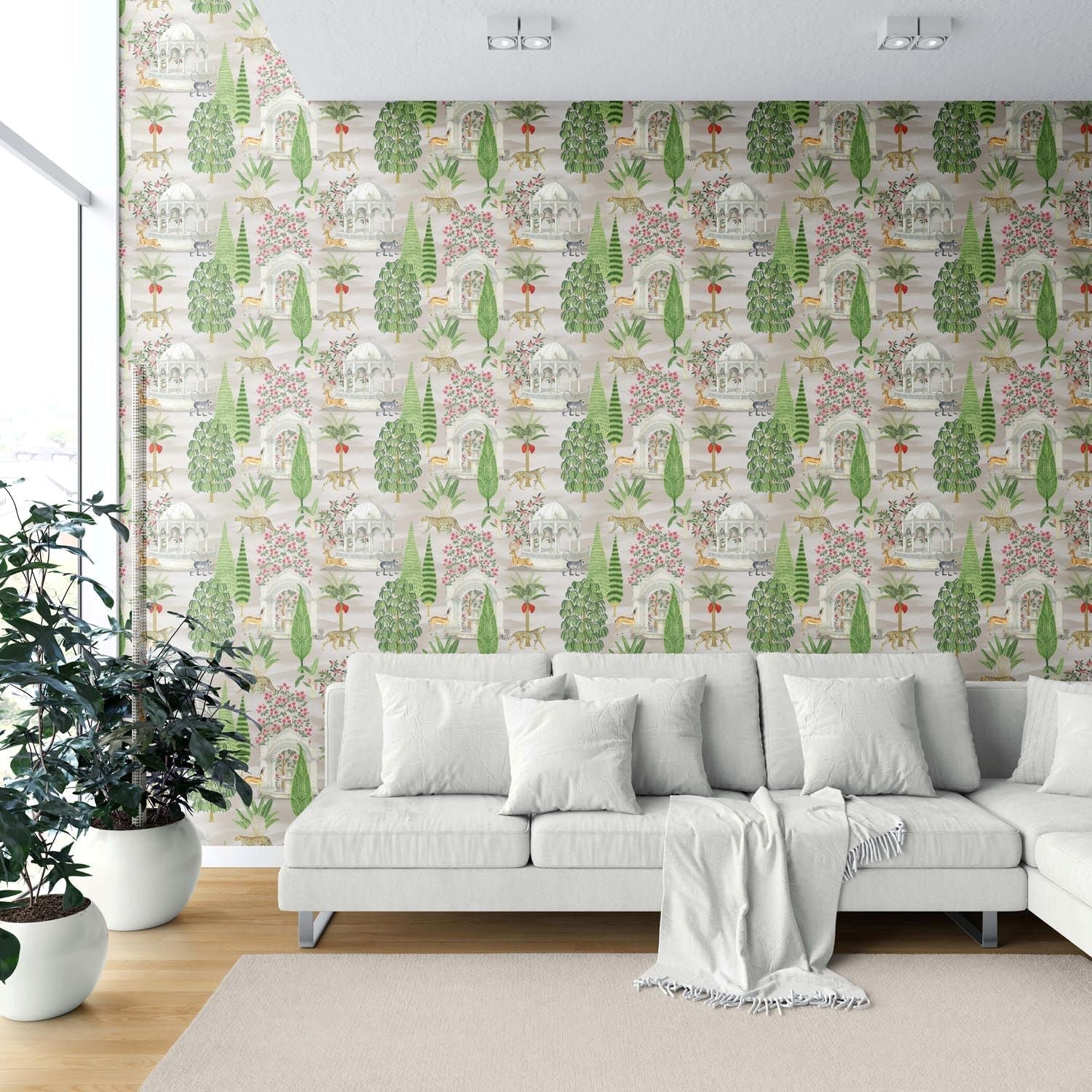 Vintage Heritage/ Ethnic Chinoiserie Shower Toilet Wallpaper Sample (White/ Green/ Pink/ Tan/ Red)