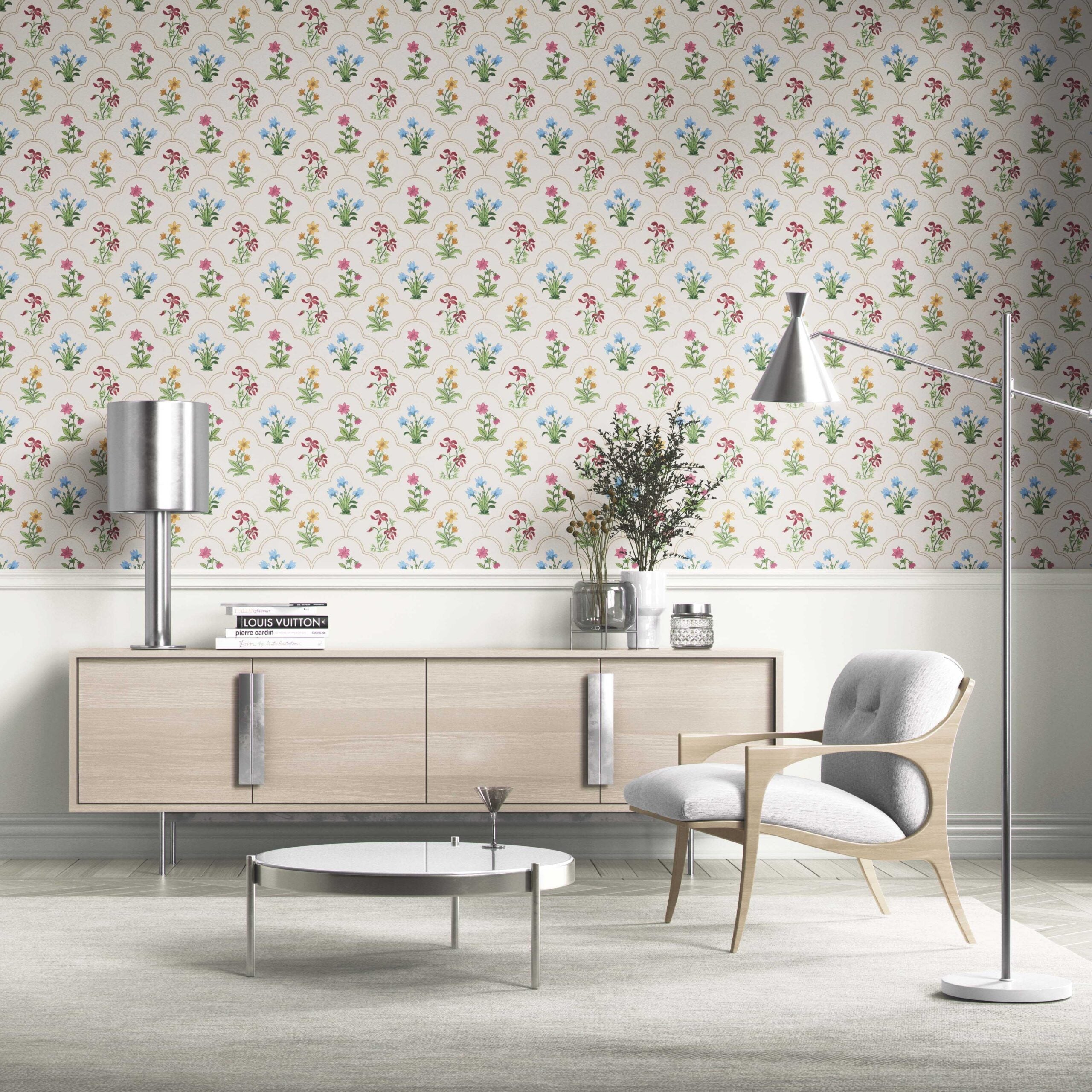 Vintage-Inspired Floral Block Print Kitchen Wallpaper Sample (White/ Beige/ Pink/ Green/ Red/ Yellow/ Blue)