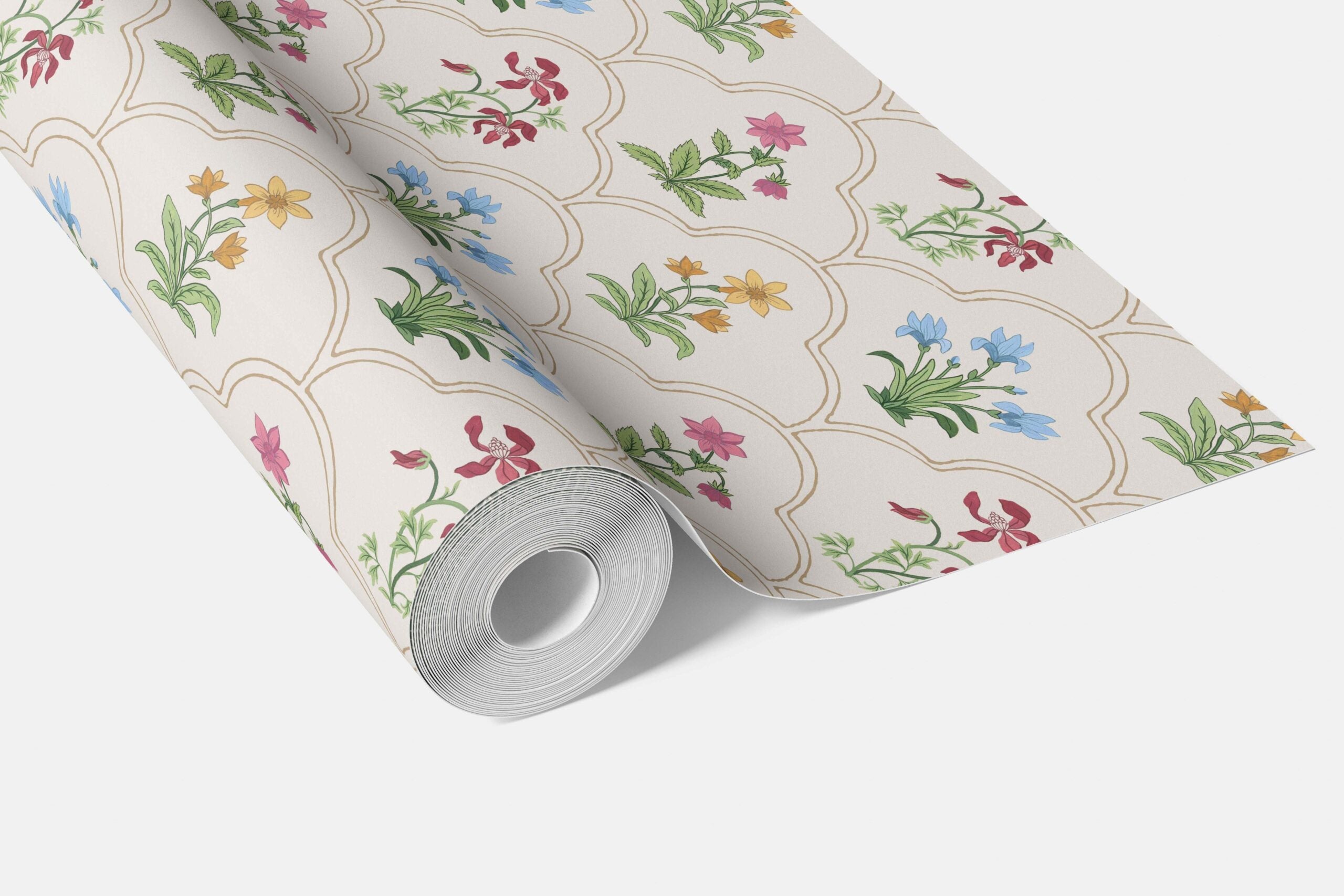 Vintage-Inspired Floral Block Print Bathroom Wallpaper Sample (White/ Beige/ Pink/ Green/ Red/ Yellow/ Blue)