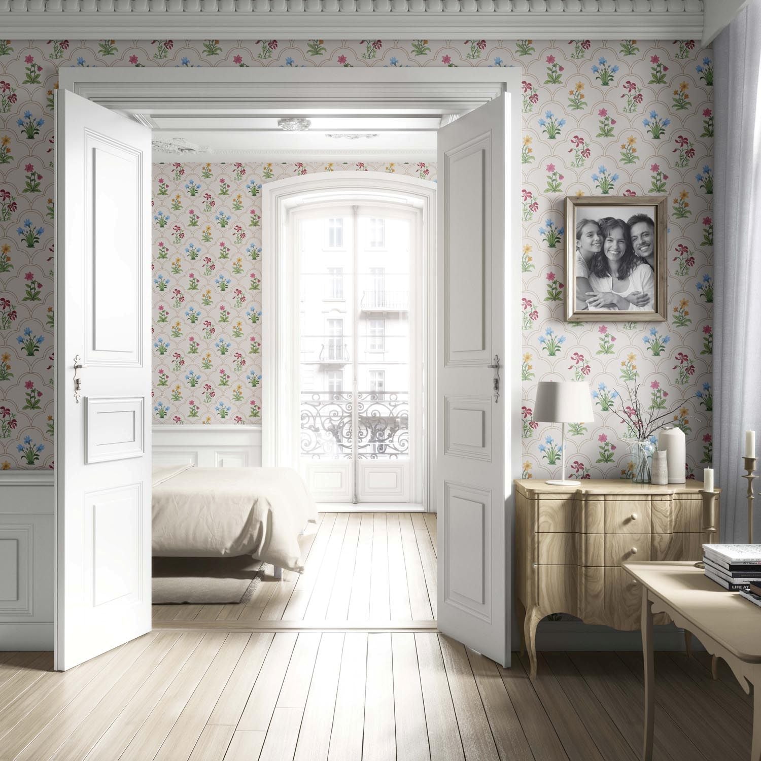 Vintage-Inspired Floral Block Print Living Room Wallpaper Sample (White/ Beige/ Pink/ Green/ Red/ Yellow/ Blue)