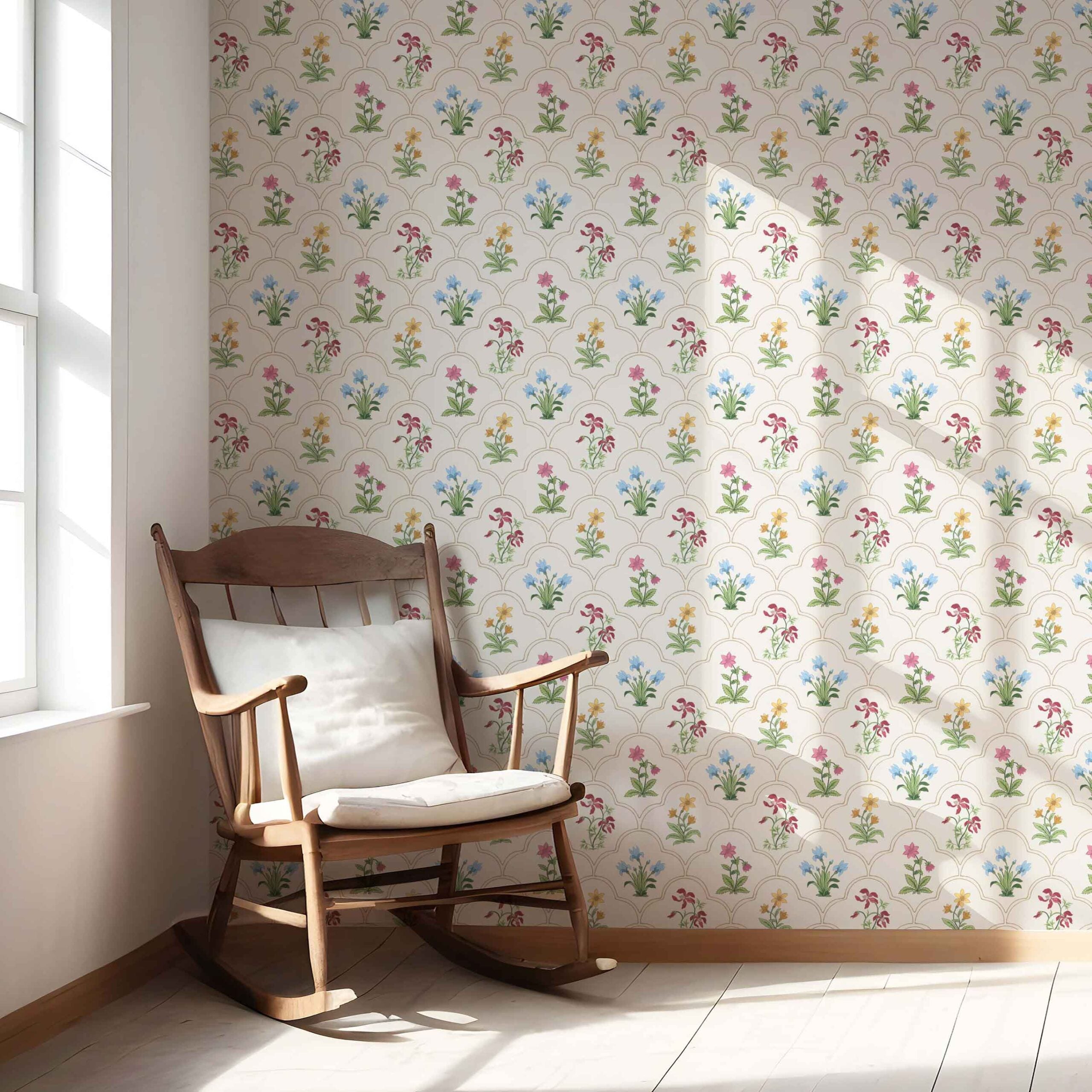 Vintage-Inspired Floral Block Print Nursery Wallpaper Sample (White/ Beige/ Pink/ Green/ Red/ Yellow/ Blue)