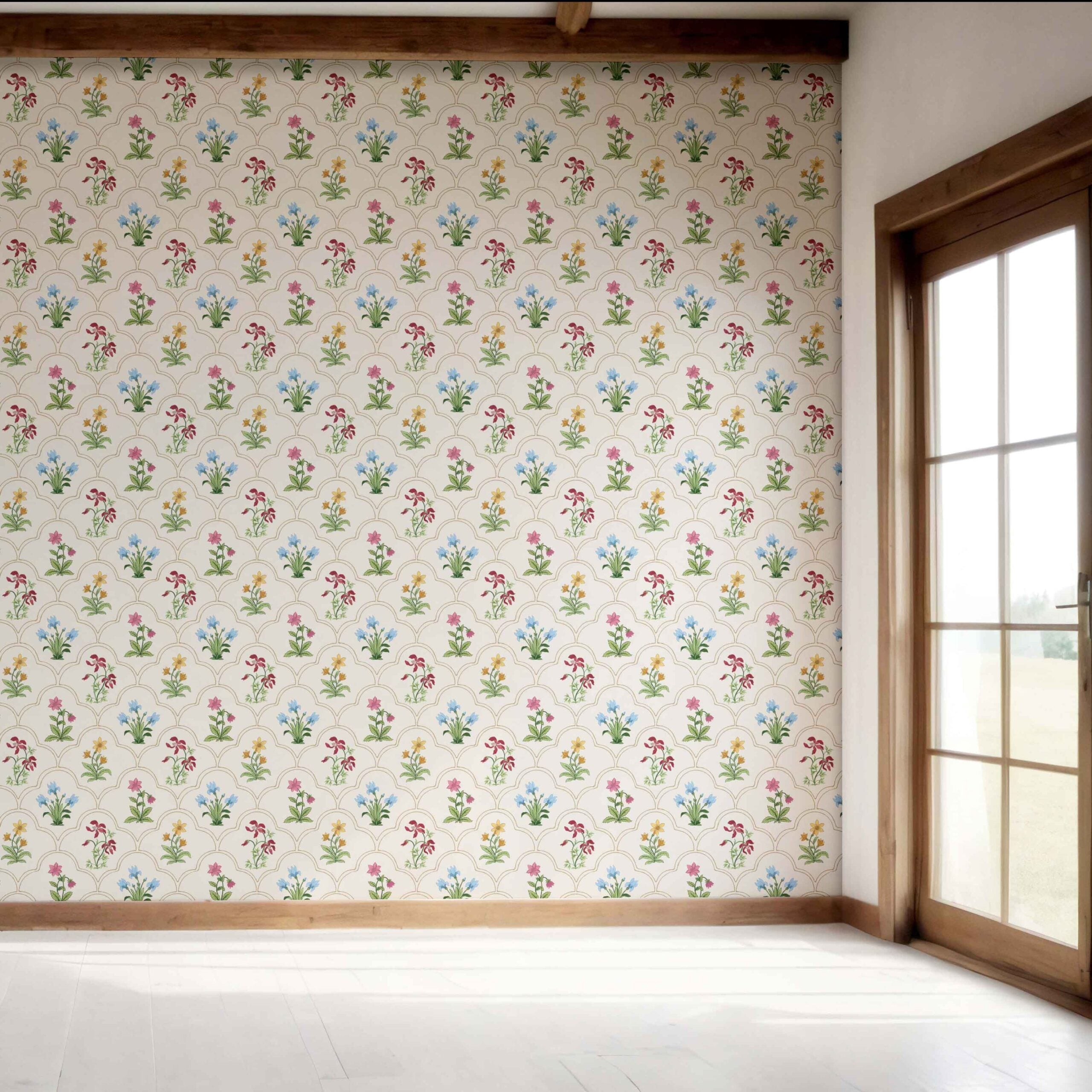 Vintage-Inspired Floral Block Print Bedroom Wallpaper Sample (White/ Beige/ Pink/ Green/ Red/ Yellow/ Blue)