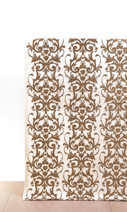 Damask Curtain Panels (White/ Brown)