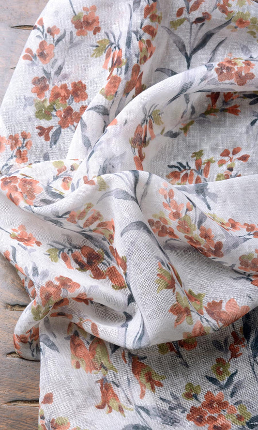 Floral Print Sheer Curtains (White/ Orange)