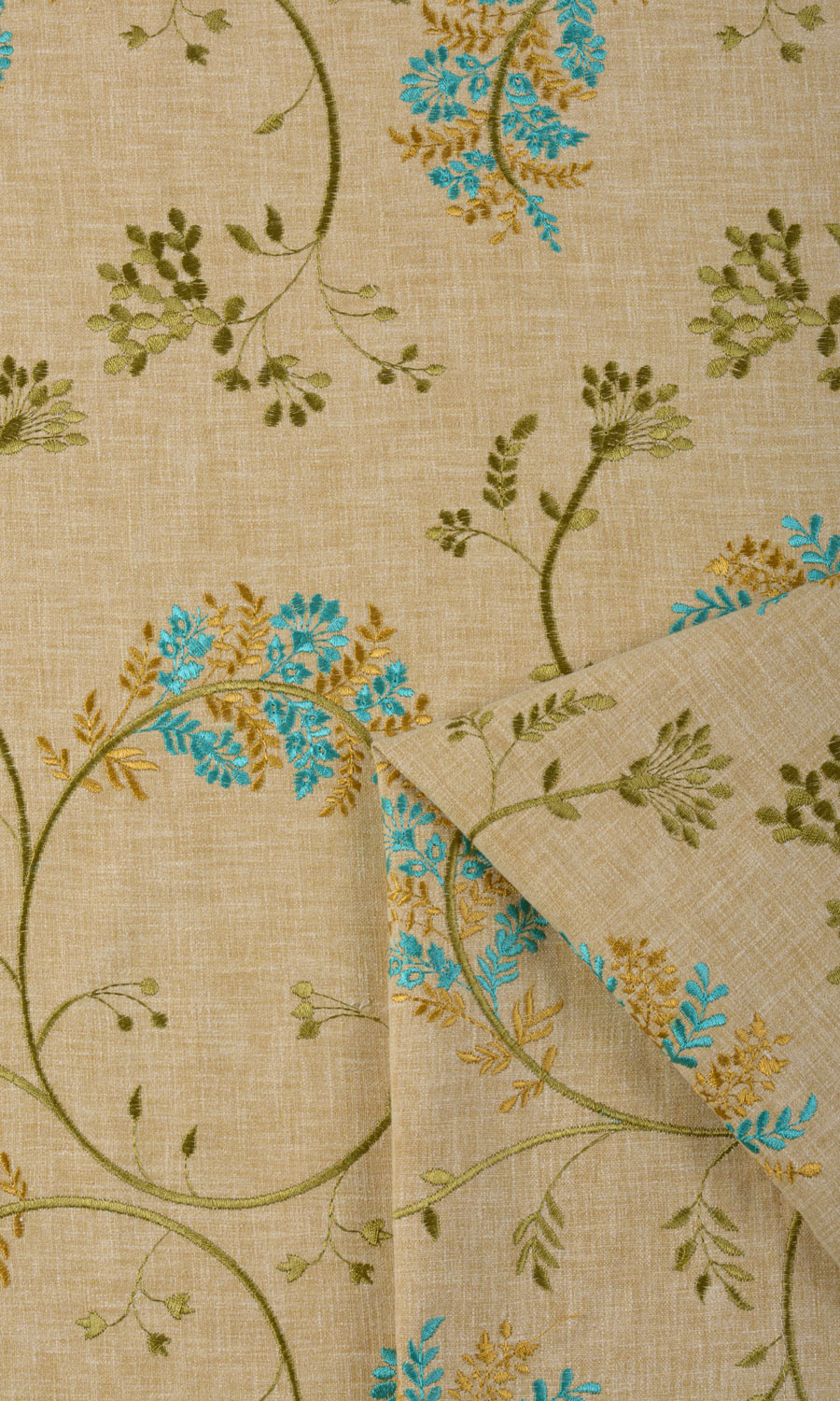 Floral Embroidery Fabric Sample for Curtains & Drapes (Beige/ Brown/ Green/ Blue)