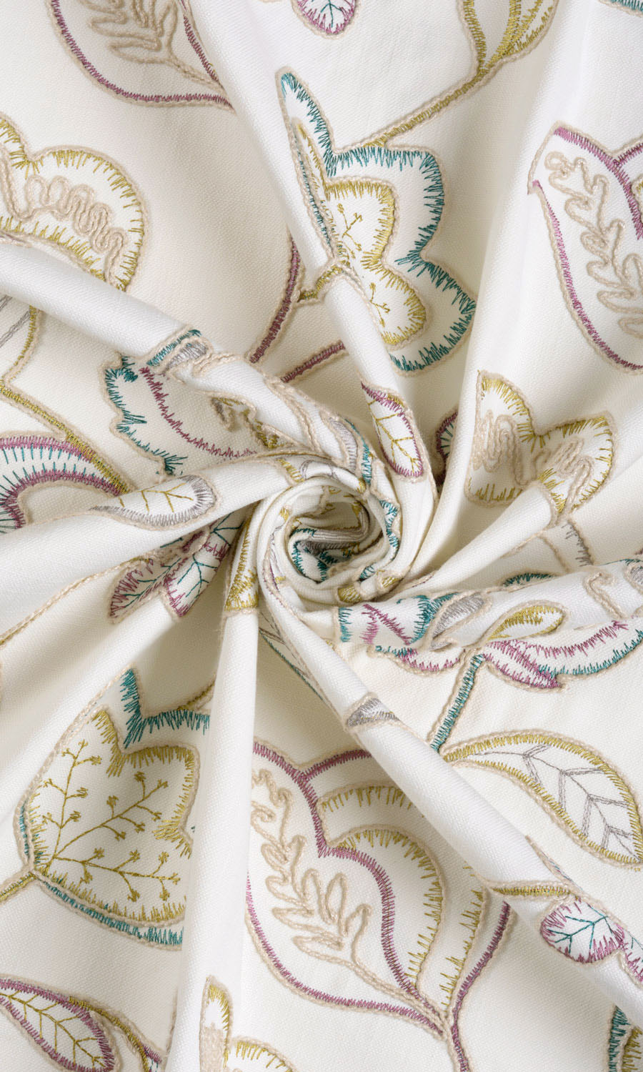 Vine Embroidered Fabric Sample for Curtains & Drapes (White/ Green/ Pink)