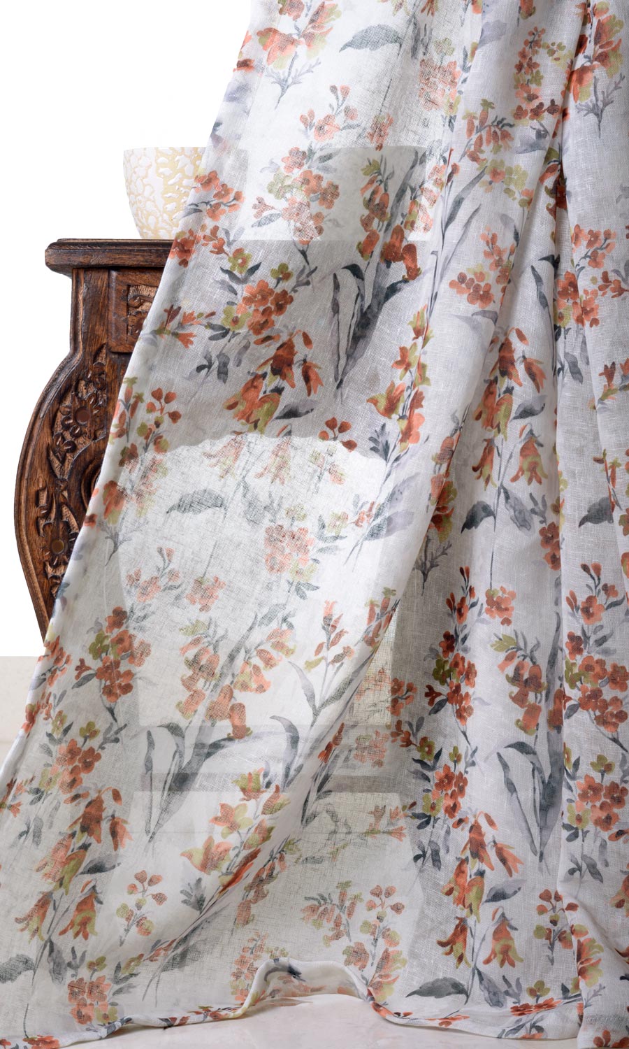 Floral Print Sheer Window Treatments Fabric By the Metre (White/ Orange)