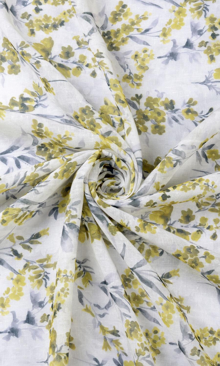 Sheer Floral Print Free Fabric Material Sample (Yellow/ Gray)