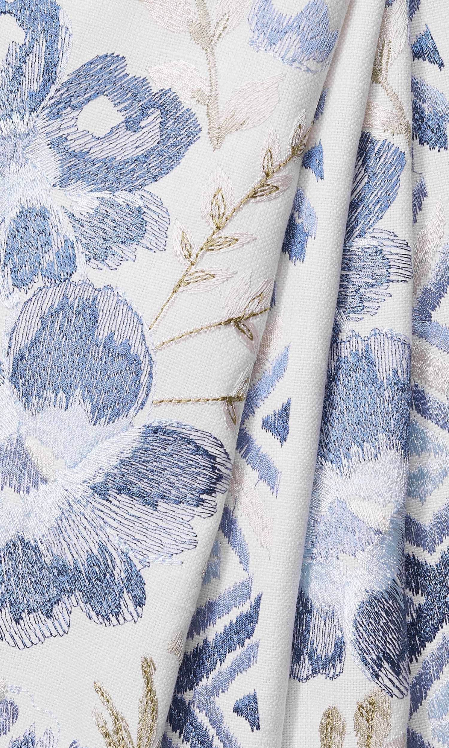Floral Poly-Cotton Window Treatments Fabric Sample (Blue/ Beige/ White)