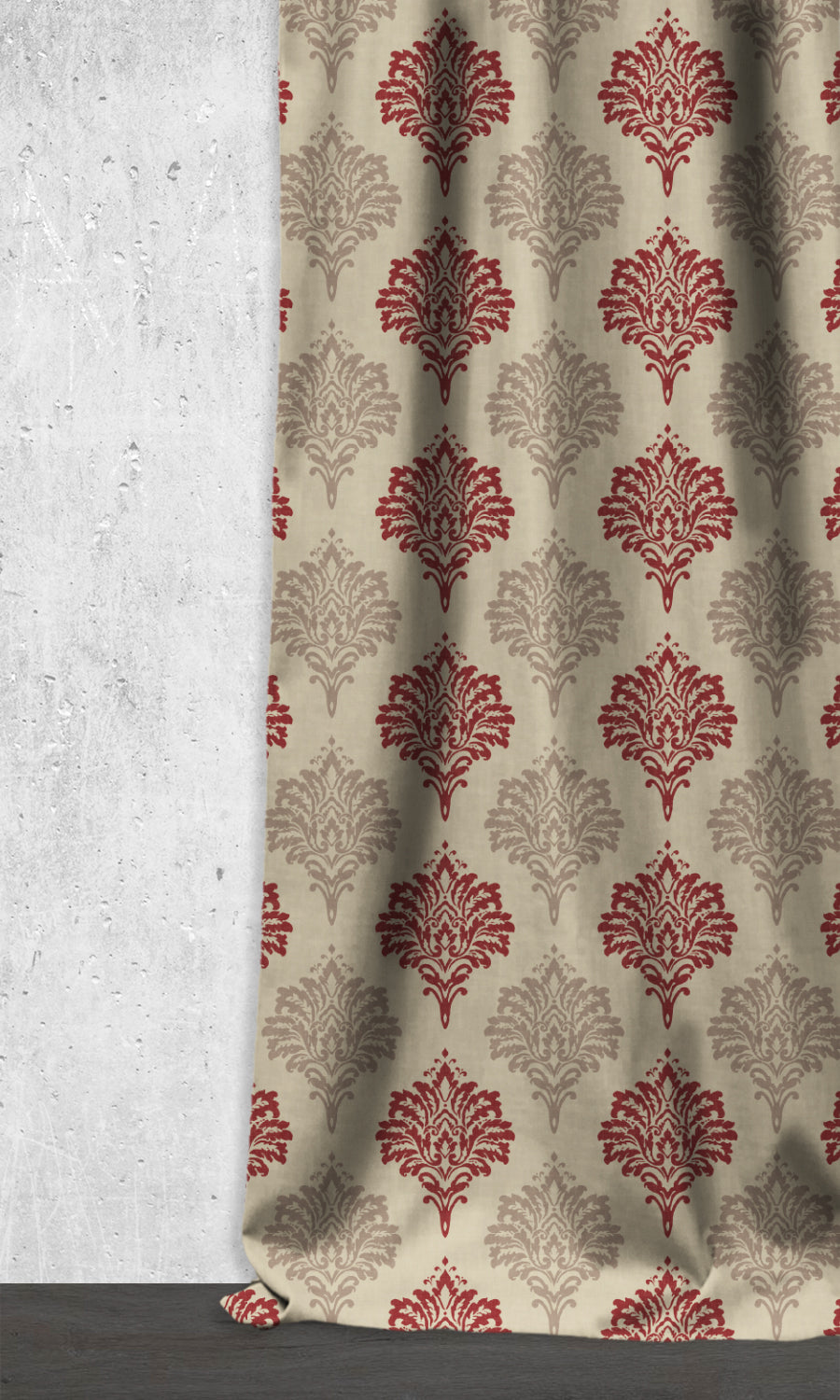 Damask Dimout Home Décor Fabric By the Metre (Red/ Stone Grey)