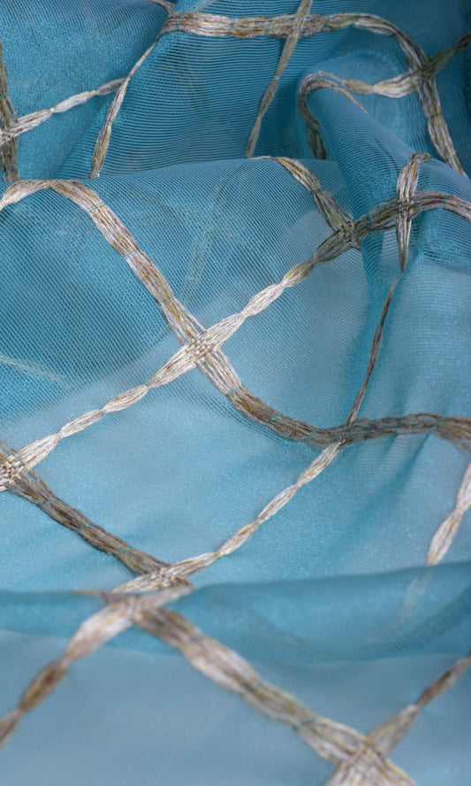 Embroidered Check Sheer Home Décor Fabric Sample (Blue and Gold)