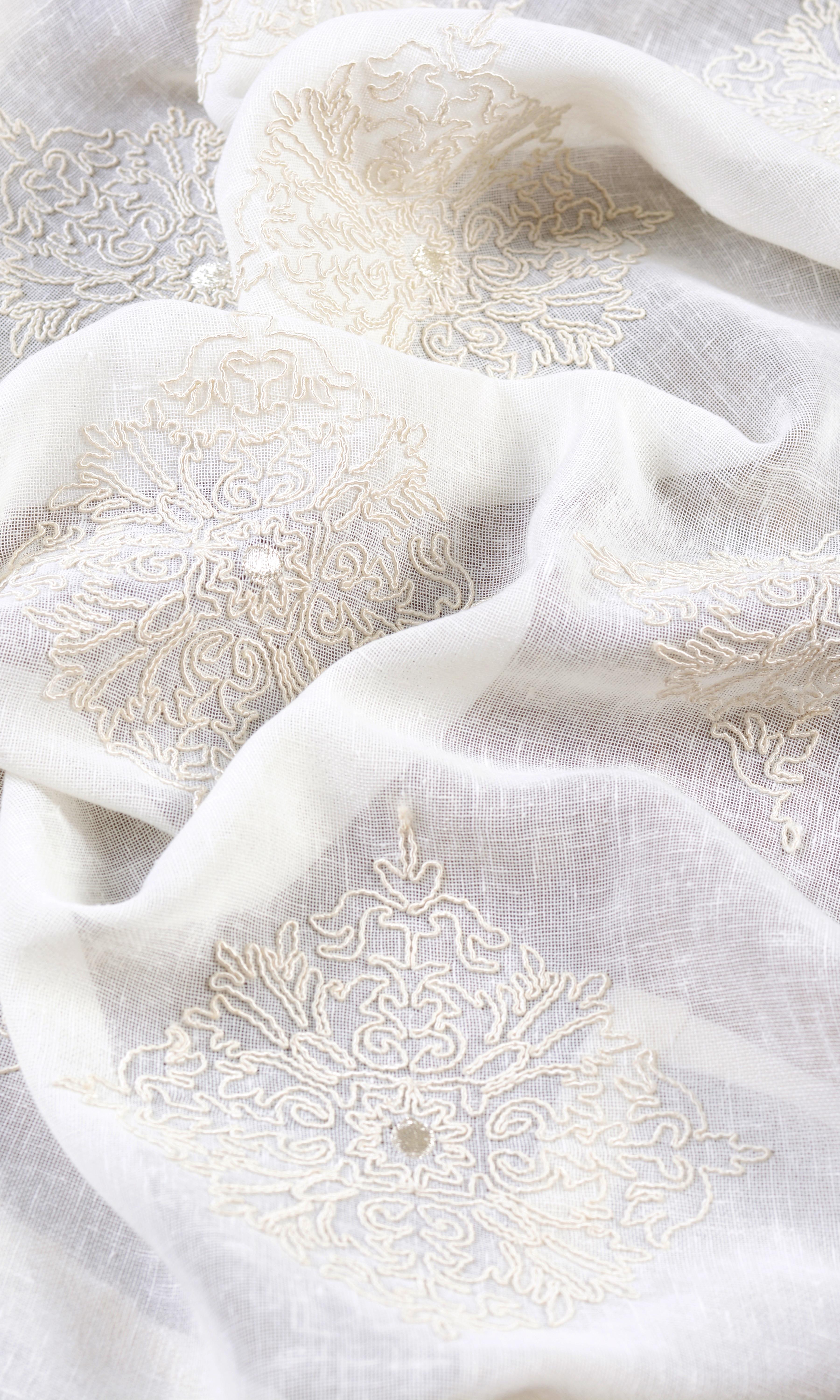 Sheer Floral Embroidered Home Textile Fabric Material Sample (White/ Cream)