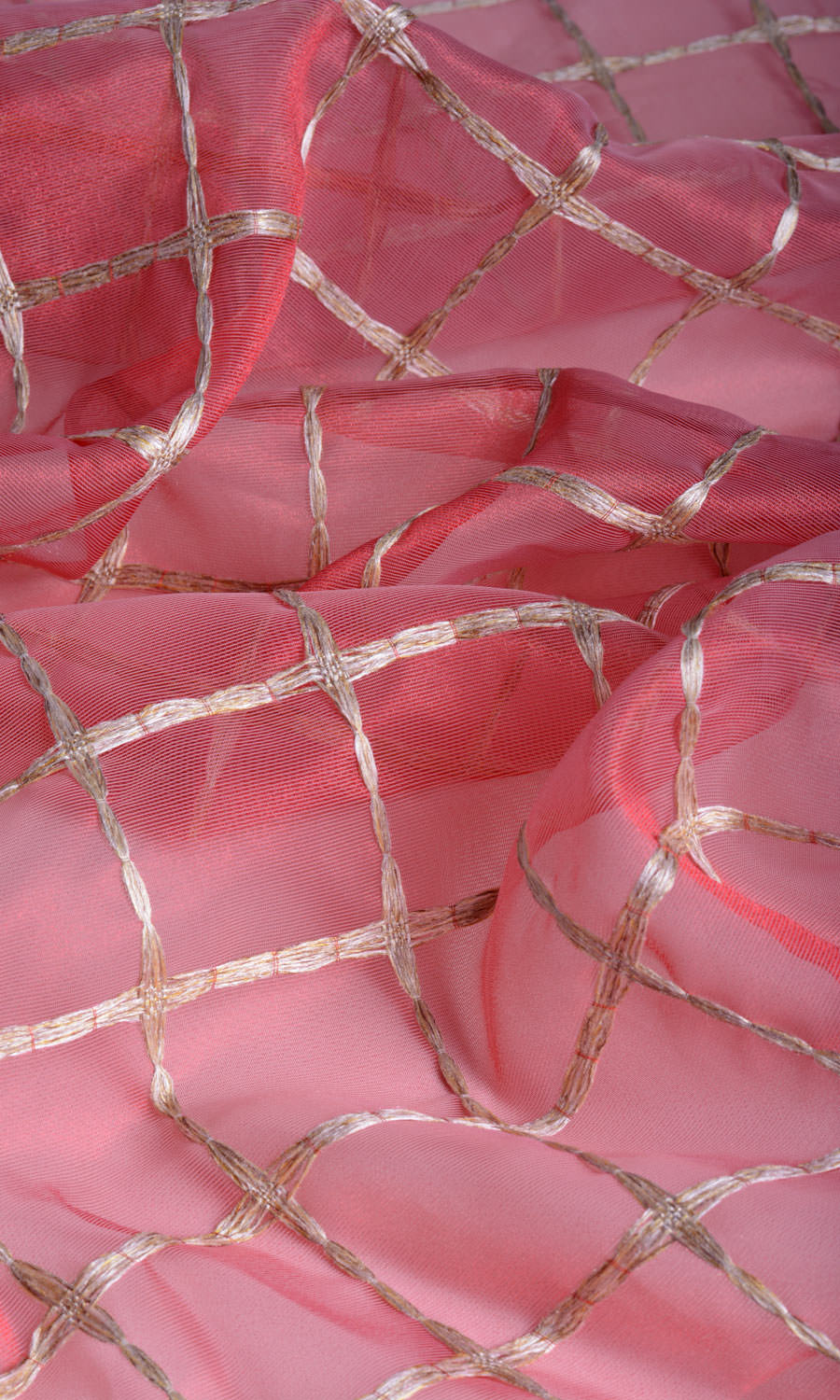 Checked Sheer Home Décor Fabric Sample (Coral Red/ Pink/ Gold)
