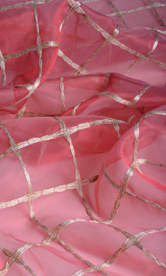 Checked Sheer Home Décor Fabric Sample (Coral Red/ Pink/ Gold)