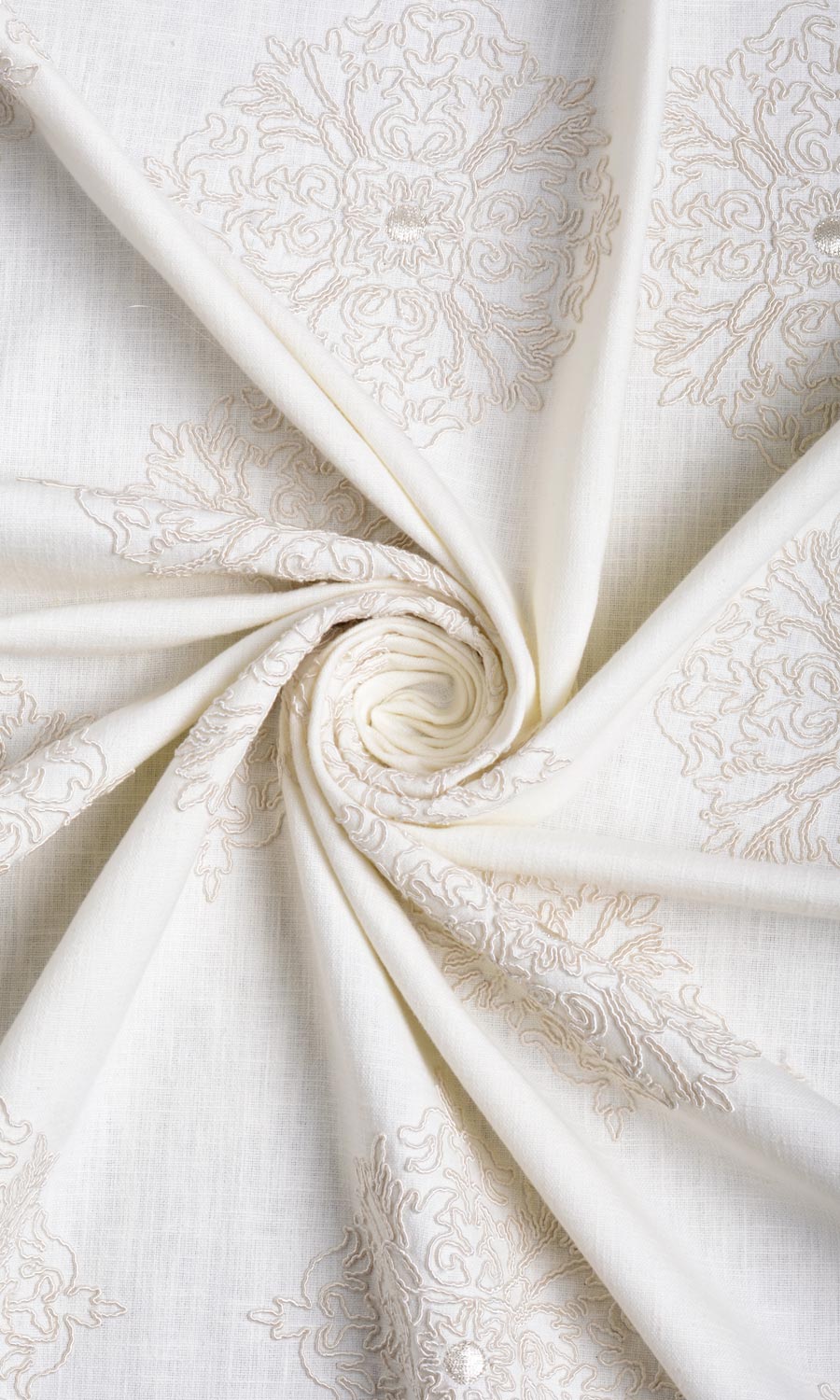 Poly-Linen Embroidered Fabric Sample for Curtains & Drapes (White/ Cream)