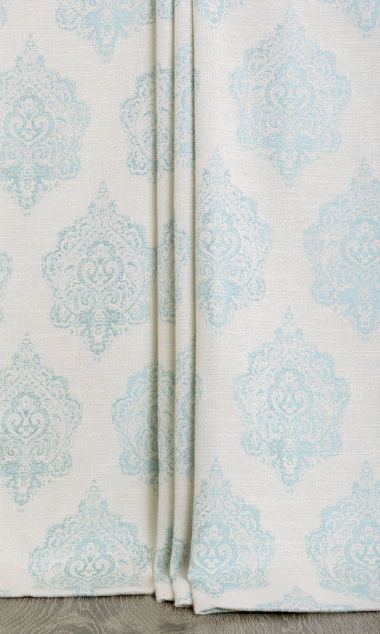 Damask Poly-Cotton Drapes (White/ Blue)
