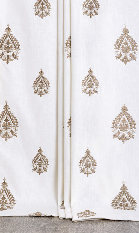 Damask Embroidery Drapes (Off White/ Coffee Brown)