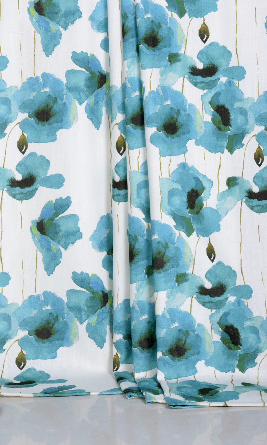 Water Lilies Floral Window Treatments Fabric By the Metre (Blue)