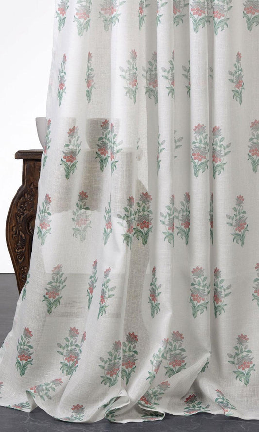 Pink/ Green floral patterned sheer curtains