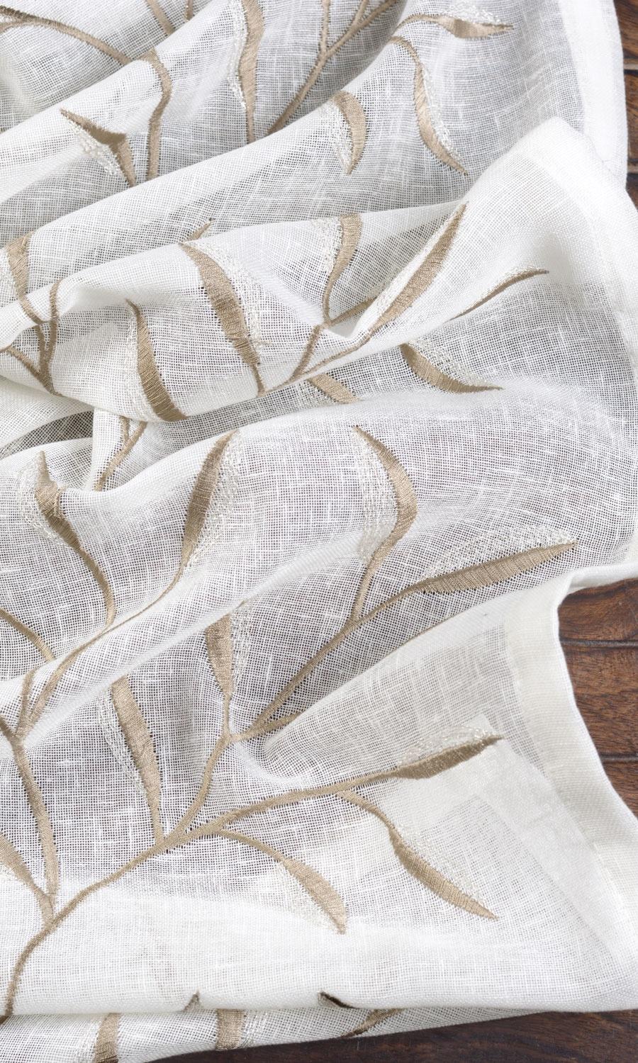 Sheer Floral Embroidered Fabric Material By the Metre (White/ Brown)