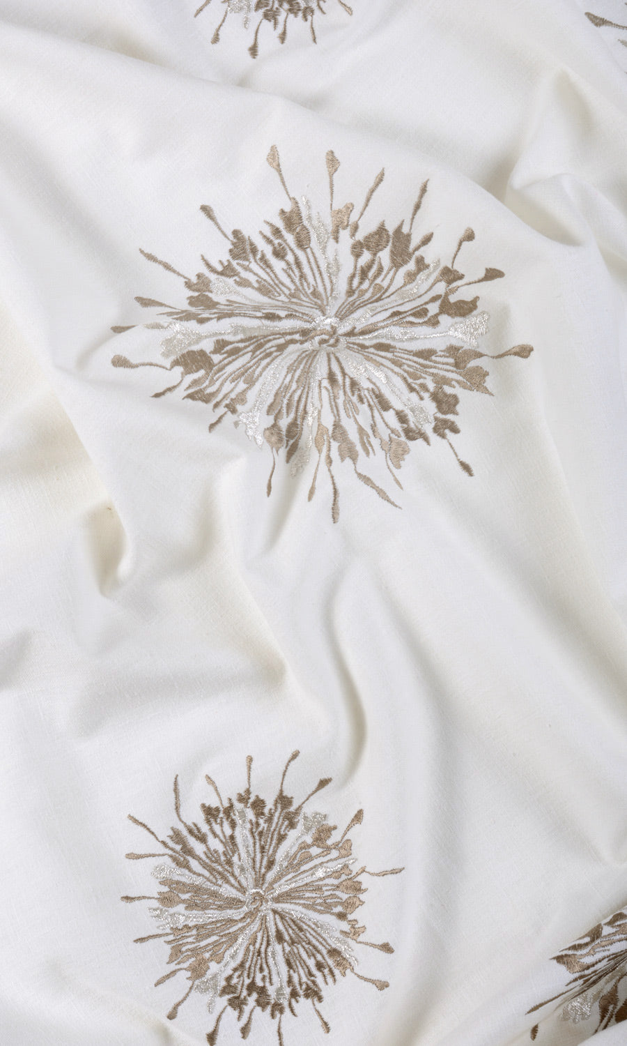 Sunburst Embroidered Fabric Material By the Metre (White/ Coffee Brown)